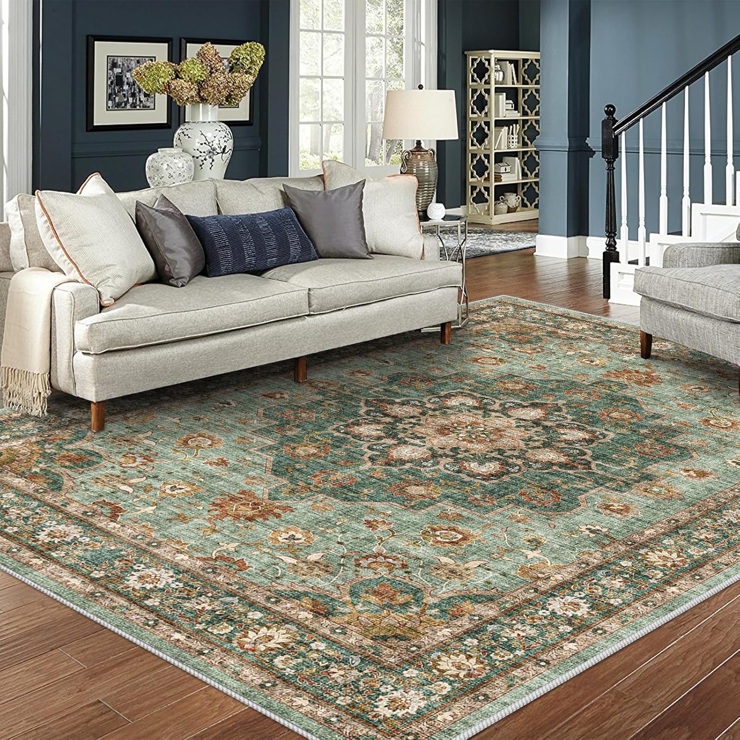 Washable Oriental Area Rug - 9x12 Rugs for Living Room Soft Carpet for Bedroom Waterproof Floral Distressed Indoor Stain Resistant Non-Shedding Floor Carpets (Green, 9x12)