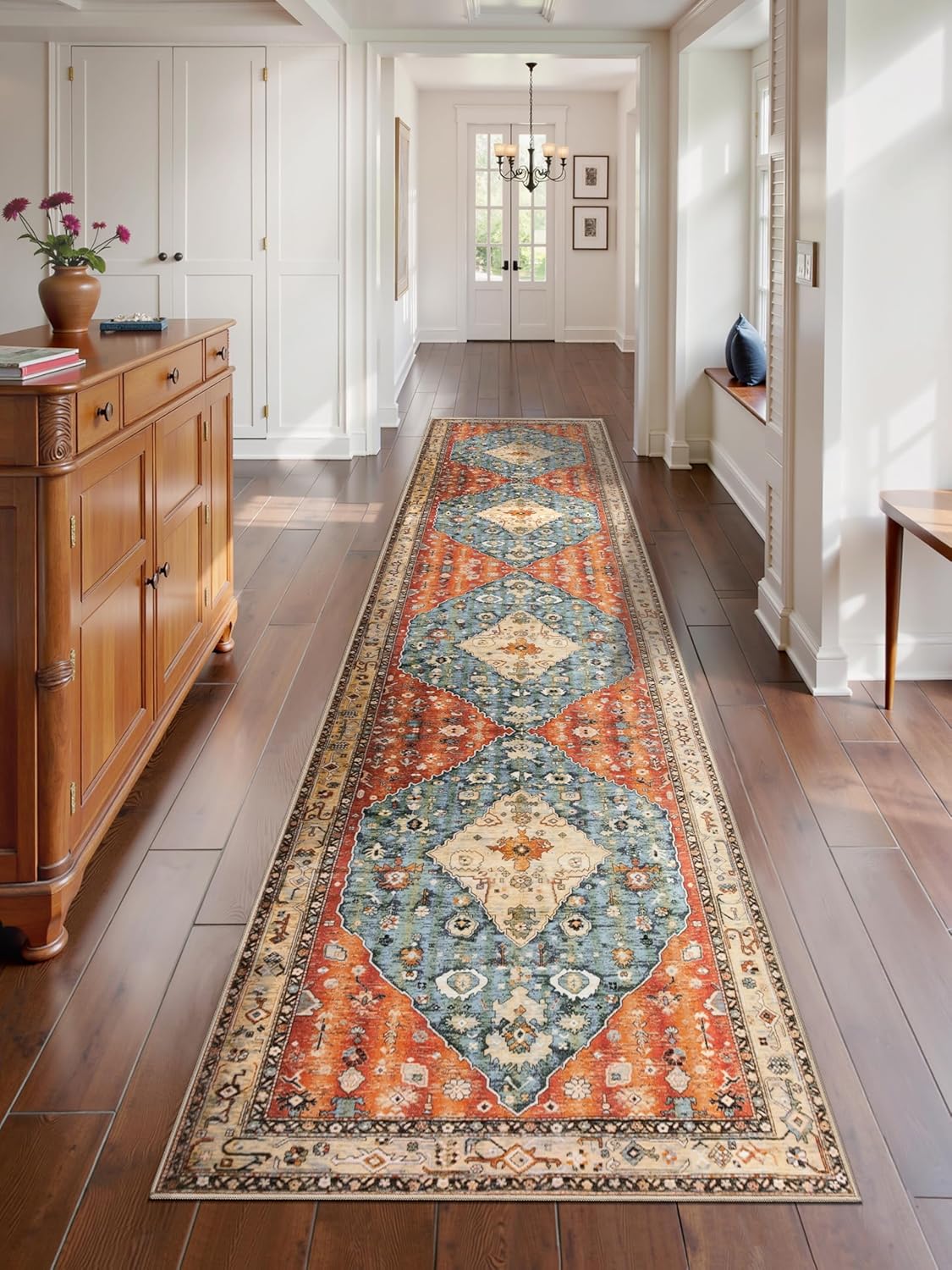 SERISSA Washable Rugs 8x10 Area Rugs, Large Non-Slip Boho Living Room Rust Rug, Ultra Soft Vintage Print Distressed Oriental Tribal Farmhouse Carpet for Dining Room Bedroom Dorm Office Home Decor