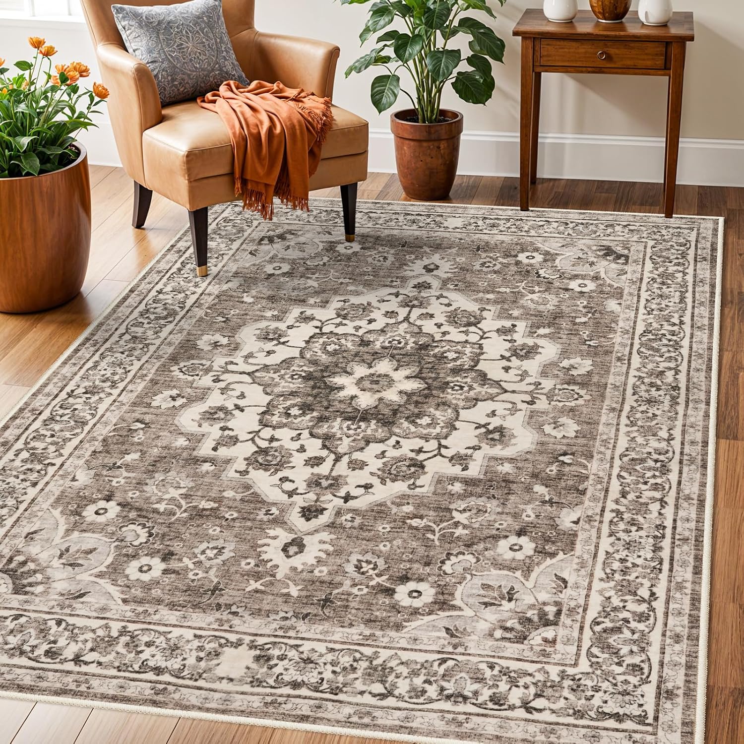 Washable Oriental Area Rug - 9x12 Rugs for Living Room Soft Carpet for Bedroom Waterproof Floral Distressed Indoor Stain Resistant Non-Shedding Floor Carpets (Green, 9x12)