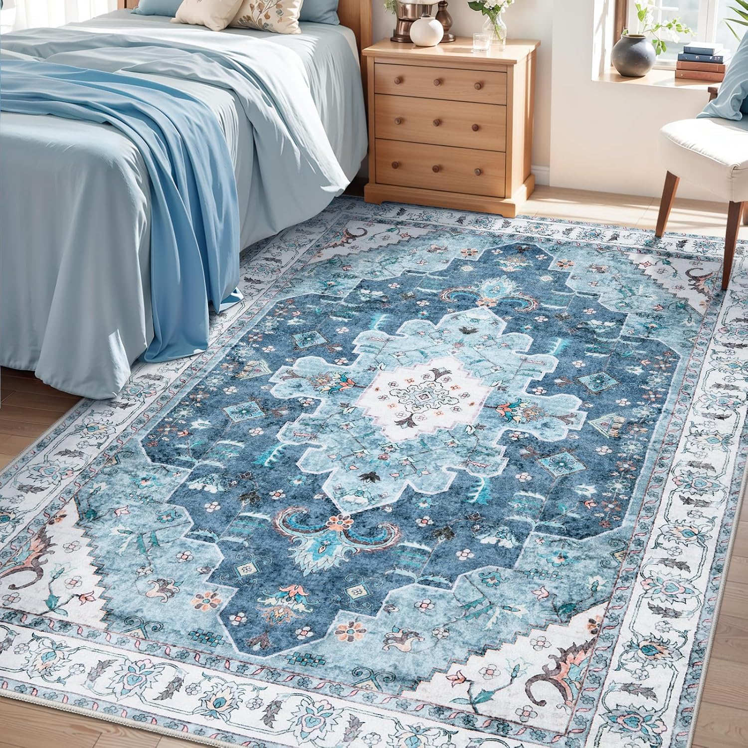 SERISSA Washable Rugs 8x10 Area Rugs, Large Non-Slip Boho Living Room Rust Rug, Ultra Soft Vintage Print Distressed Oriental Tribal Farmhouse Carpet for Dining Room Bedroom Dorm Office Home Decor