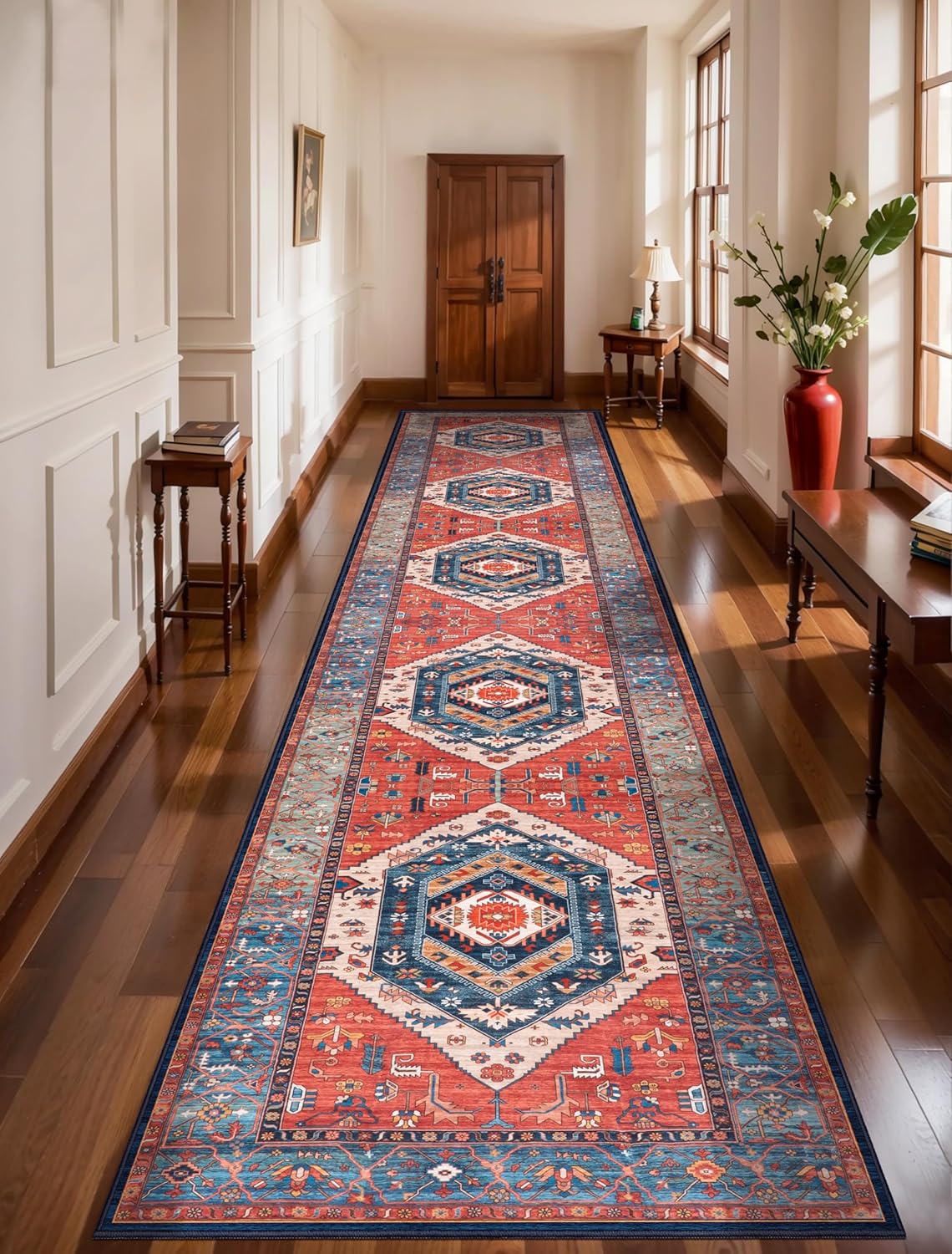 SERISSA Washable Rugs 8x10 Area Rugs, Large Non-Slip Boho Living Room Rust Rug, Ultra Soft Vintage Print Distressed Oriental Tribal Farmhouse Carpet for Dining Room Bedroom Dorm Office Home Decor