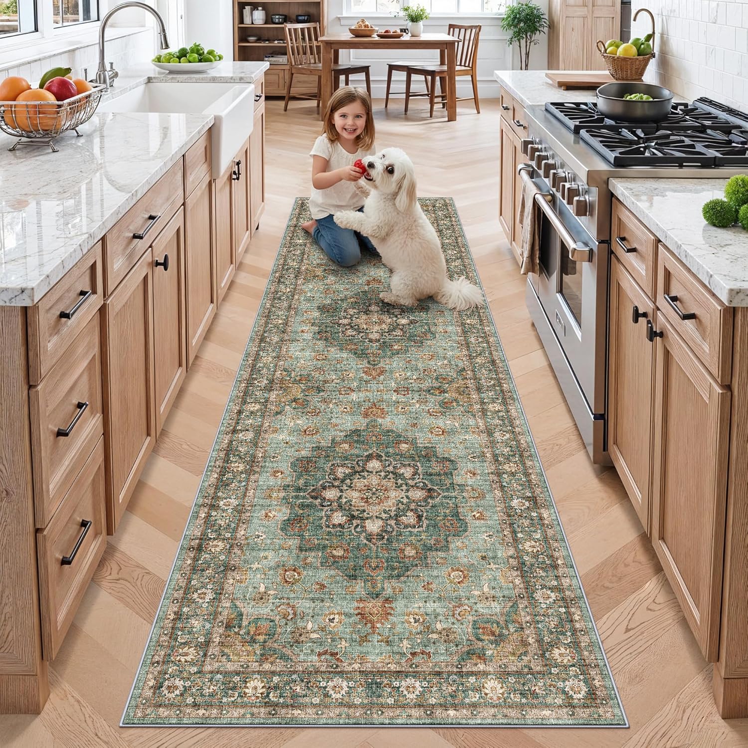 Washable Oriental Area Rug - 9x12 Rugs for Living Room Soft Carpet for Bedroom Waterproof Floral Distressed Indoor Stain Resistant Non-Shedding Floor Carpets (Green, 9x12)