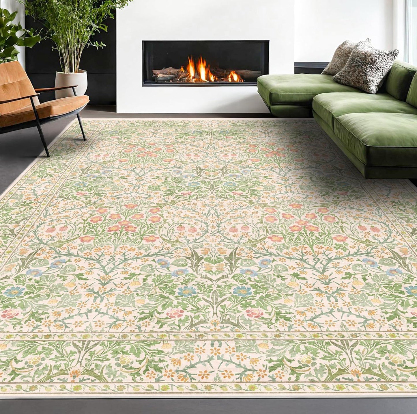 Vintage Dark Green Living Room Rug, 8x10 Washable Area Rugs for Dining Room Under Kitchen Table, Bedroom, Oriental Low Pile Stain Resistant Non-Slip Large Carpet (8x10 Dark Green)