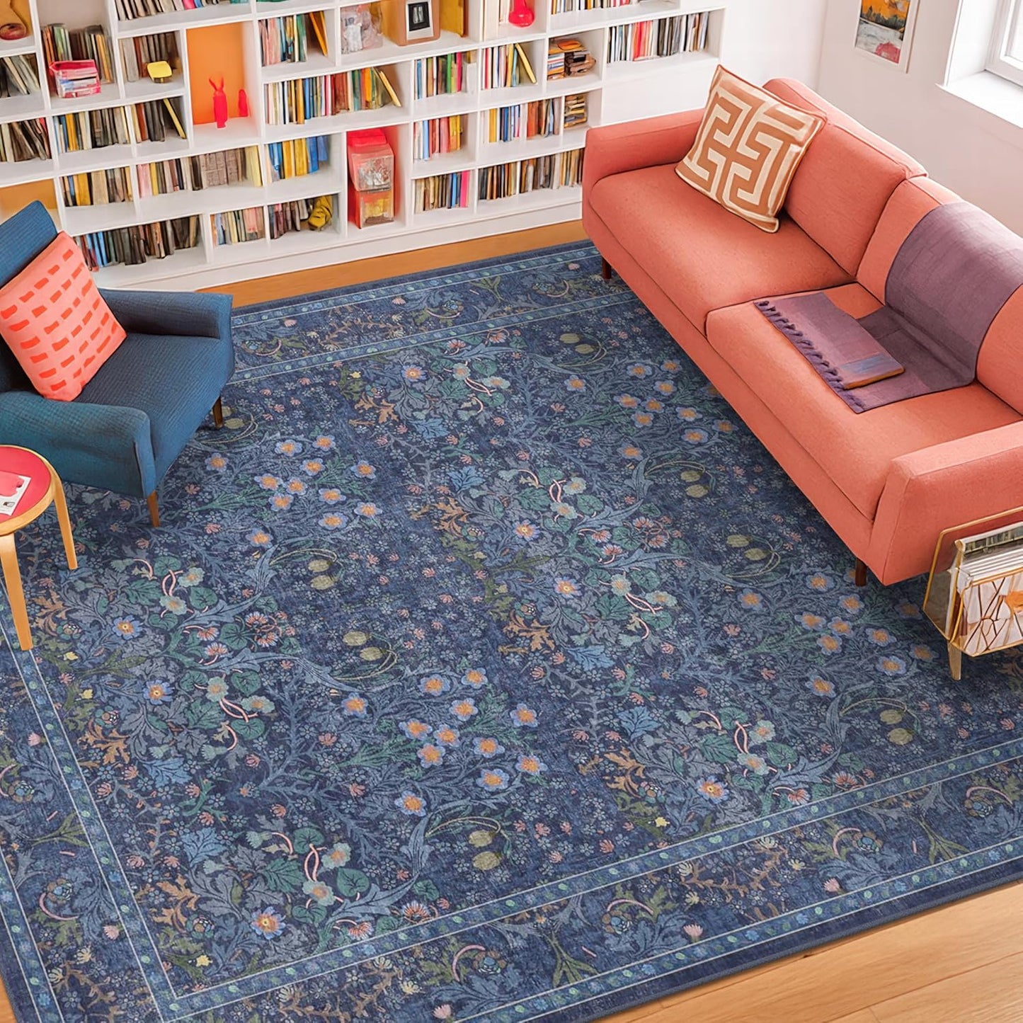 Vintage Dark Green Living Room Rug, 8x10 Washable Area Rugs for Dining Room Under Kitchen Table, Bedroom, Oriental Low Pile Stain Resistant Non-Slip Large Carpet (8x10 Dark Green)