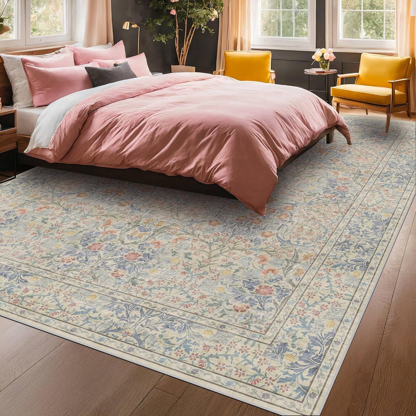 Vintage Dark Green Living Room Rug, 8x10 Washable Area Rugs for Dining Room Under Kitchen Table, Bedroom, Oriental Low Pile Stain Resistant Non-Slip Large Carpet (8x10 Dark Green)