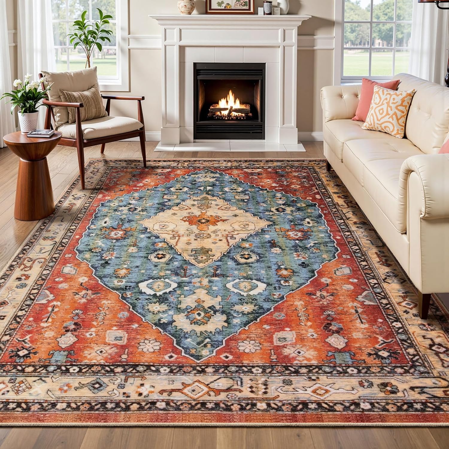 SERISSA Washable Rugs 8x10 Area Rugs, Large Non-Slip Boho Living Room Rust Rug, Ultra Soft Vintage Print Distressed Oriental Tribal Farmhouse Carpet for Dining Room Bedroom Dorm Office Home Decor