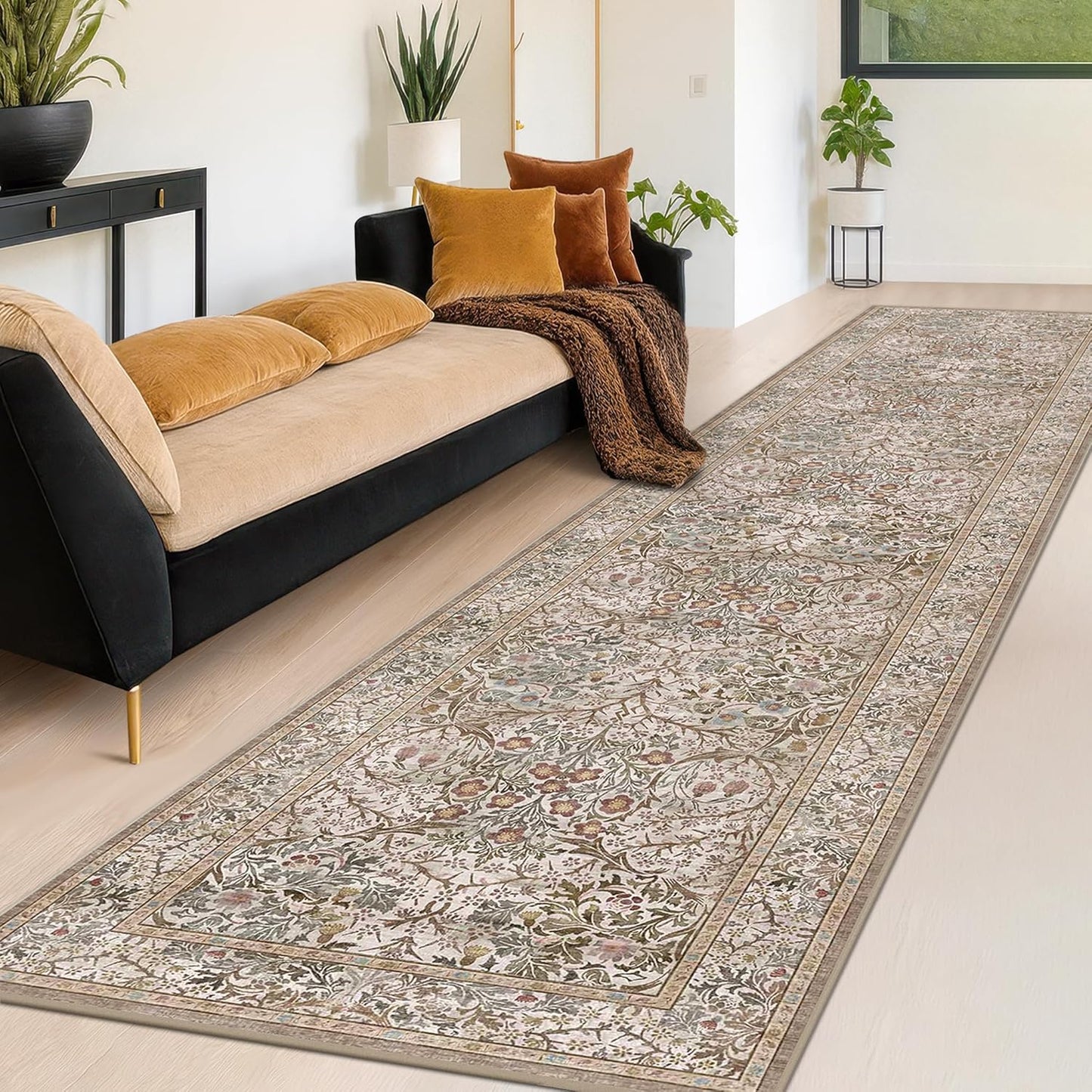 Vintage Dark Green Living Room Rug, 8x10 Washable Area Rugs for Dining Room Under Kitchen Table, Bedroom, Oriental Low Pile Stain Resistant Non-Slip Large Carpet (8x10 Dark Green)