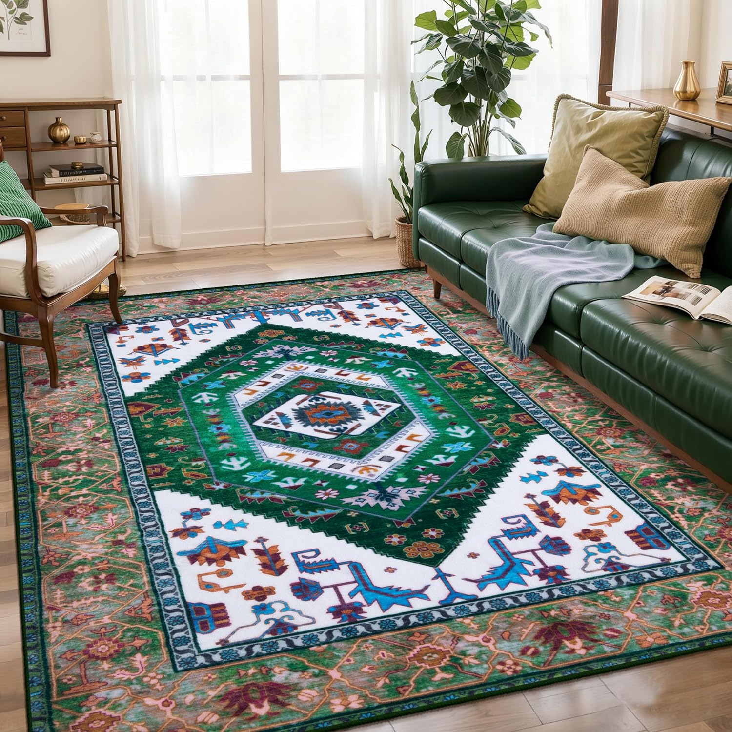 SERISSA Washable Rugs 8x10 Area Rugs, Large Non-Slip Boho Living Room Rust Rug, Ultra Soft Vintage Print Distressed Oriental Tribal Farmhouse Carpet for Dining Room Bedroom Dorm Office Home Decor