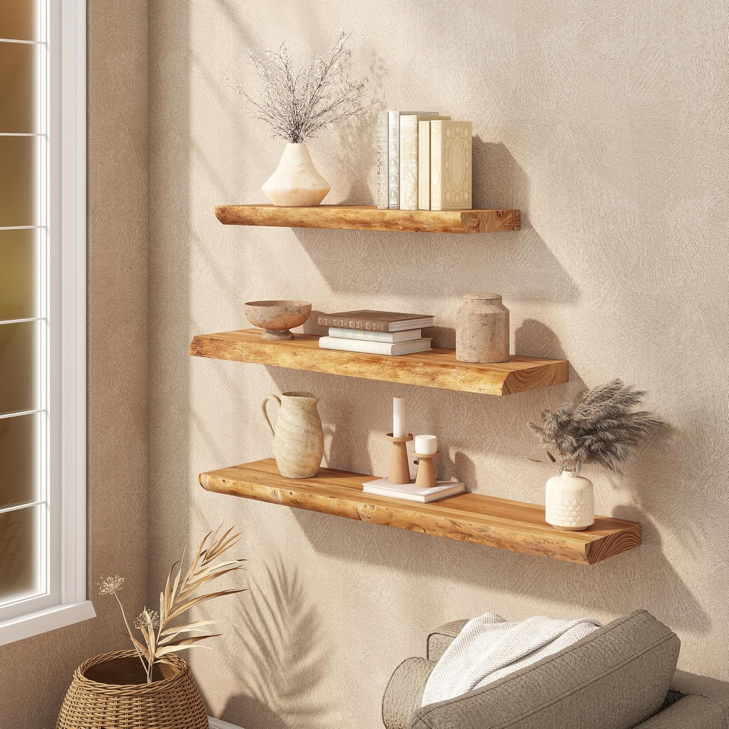 Floating Shelves Set of 2, Solid Elm Wood Wall Shelves 24 Inch - Invisible Bracket Mount for Living Room, Bedroom, Kitchen, Bathroom - Natural