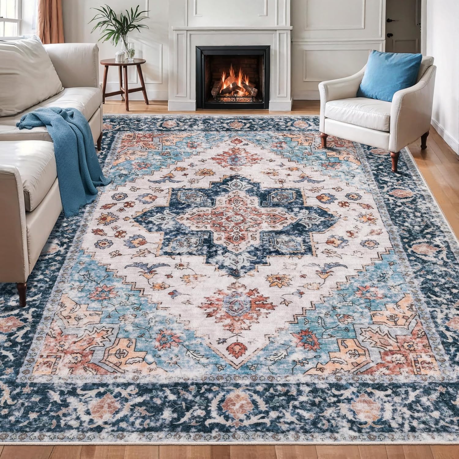 SERISSA Washable Rugs 8x10 Area Rugs, Large Non-Slip Boho Living Room Rust Rug, Ultra Soft Vintage Print Distressed Oriental Tribal Farmhouse Carpet for Dining Room Bedroom Dorm Office Home Decor