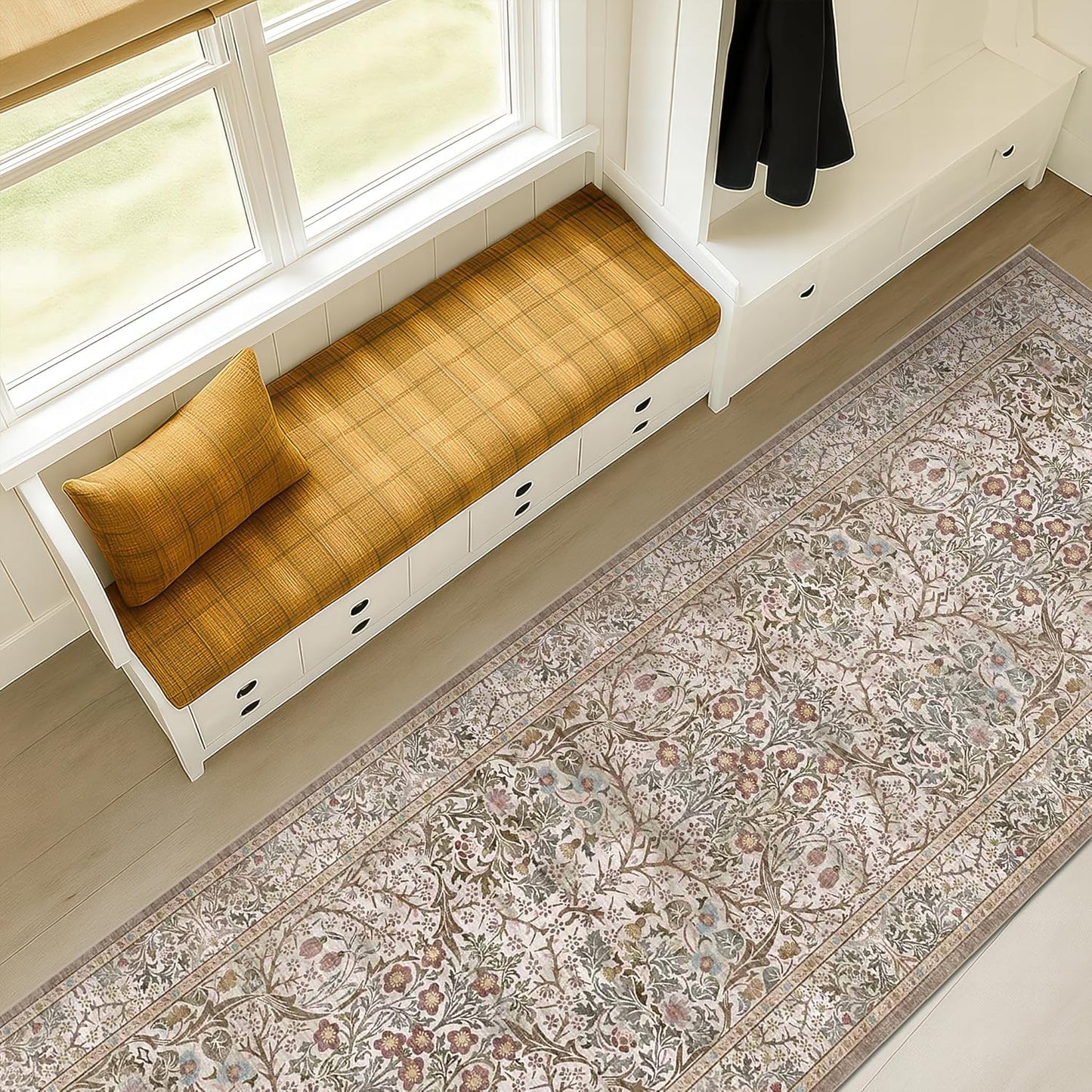 Vintage Dark Green Living Room Rug, 8x10 Washable Area Rugs for Dining Room Under Kitchen Table, Bedroom, Oriental Low Pile Stain Resistant Non-Slip Large Carpet (8x10 Dark Green)