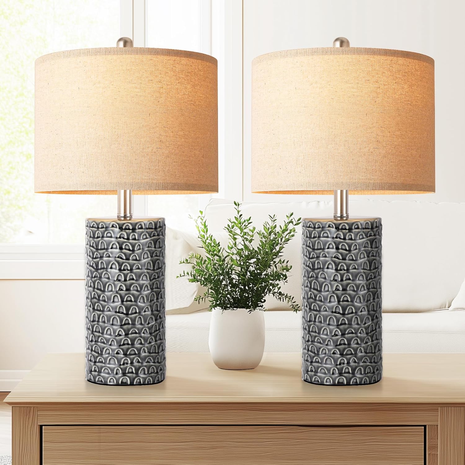 PARTPHONER 23" Modern Ceramic Table Lamp Set of 2, Table Lamps for Living Room, Rustic Farmhouse Bedside Lamps Nightstand lamp for Bedroom, White Desk Lamp for End Table Home Decor Beige
