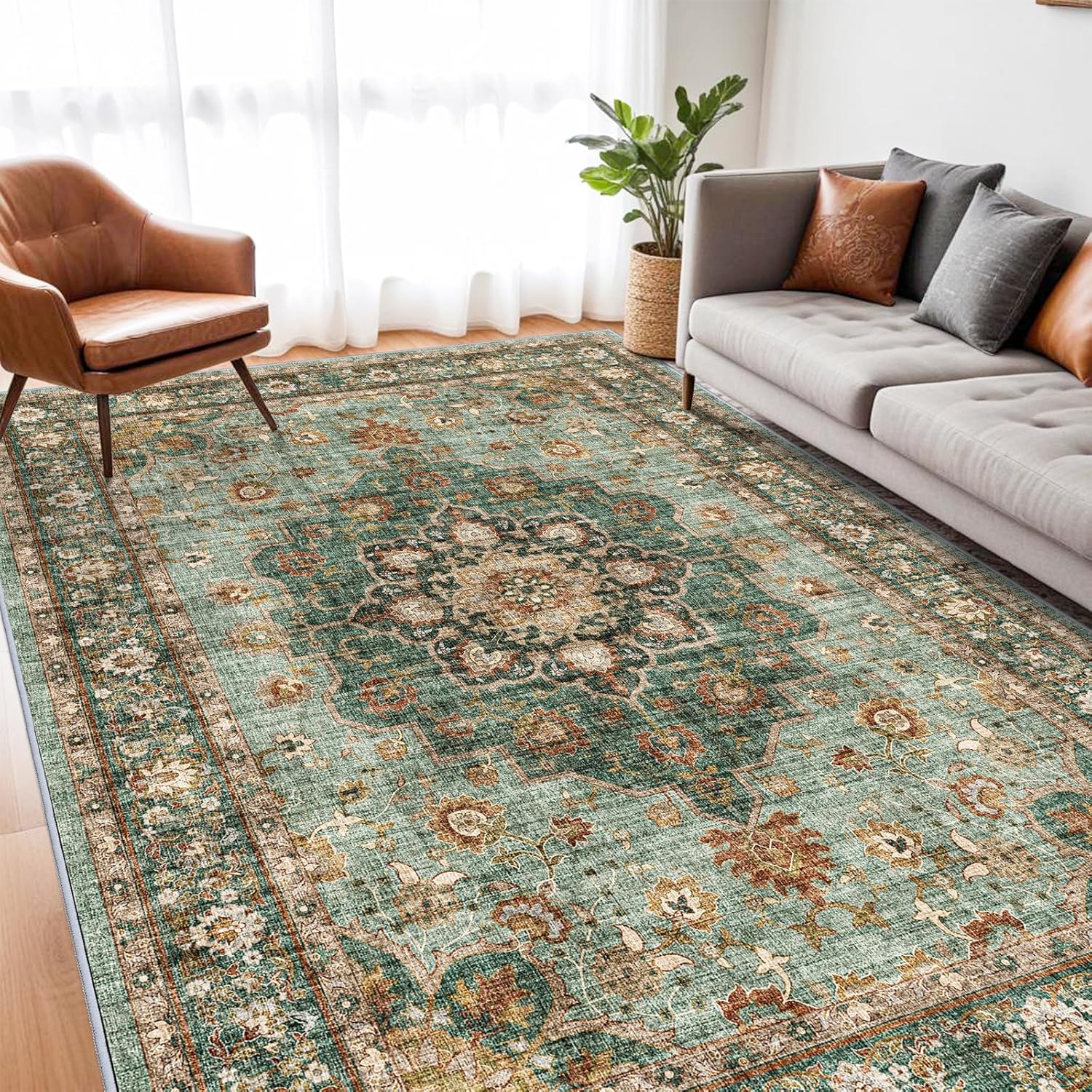Washable Oriental Area Rug - 9x12 Rugs for Living Room Soft Carpet for Bedroom Waterproof Floral Distressed Indoor Stain Resistant Non-Shedding Floor Carpets (Green, 9x12)