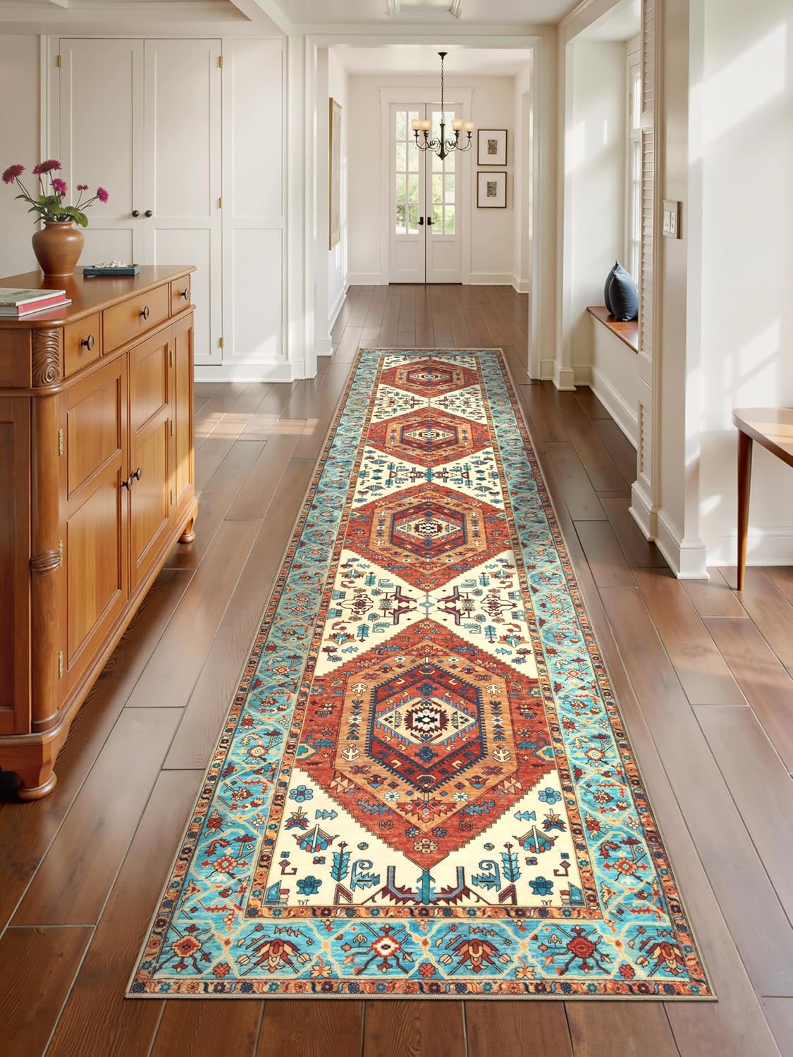 SERISSA Washable Rugs 8x10 Area Rugs, Large Non-Slip Boho Living Room Rust Rug, Ultra Soft Vintage Print Distressed Oriental Tribal Farmhouse Carpet for Dining Room Bedroom Dorm Office Home Decor