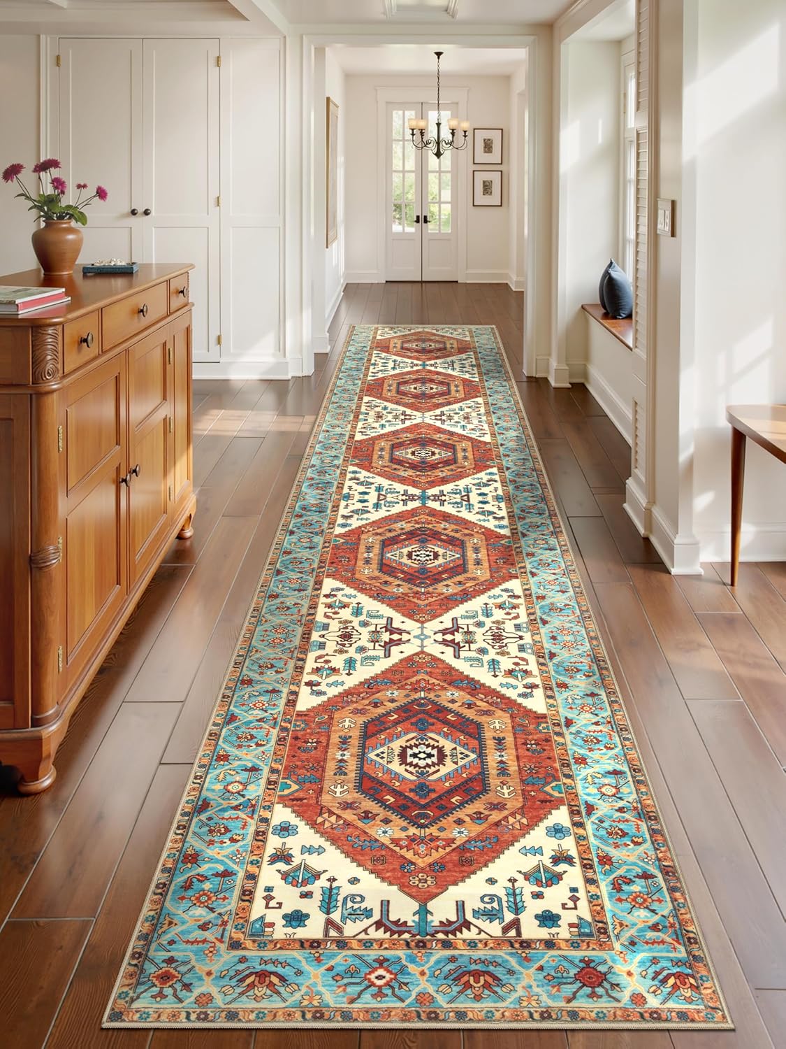 SERISSA Washable Rugs 8x10 Area Rugs, Large Non-Slip Boho Living Room Rust Rug, Ultra Soft Vintage Print Distressed Oriental Tribal Farmhouse Carpet for Dining Room Bedroom Dorm Office Home Decor