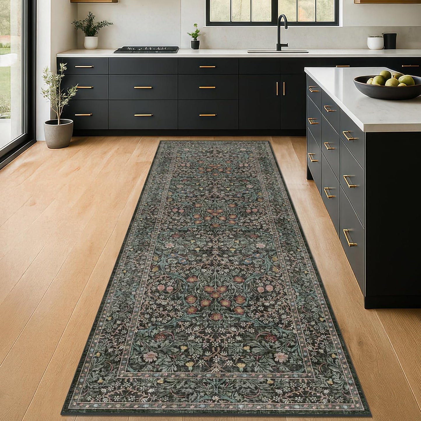 Vintage Dark Green Living Room Rug, 8x10 Washable Area Rugs for Dining Room Under Kitchen Table, Bedroom, Oriental Low Pile Stain Resistant Non-Slip Large Carpet (8x10 Dark Green)