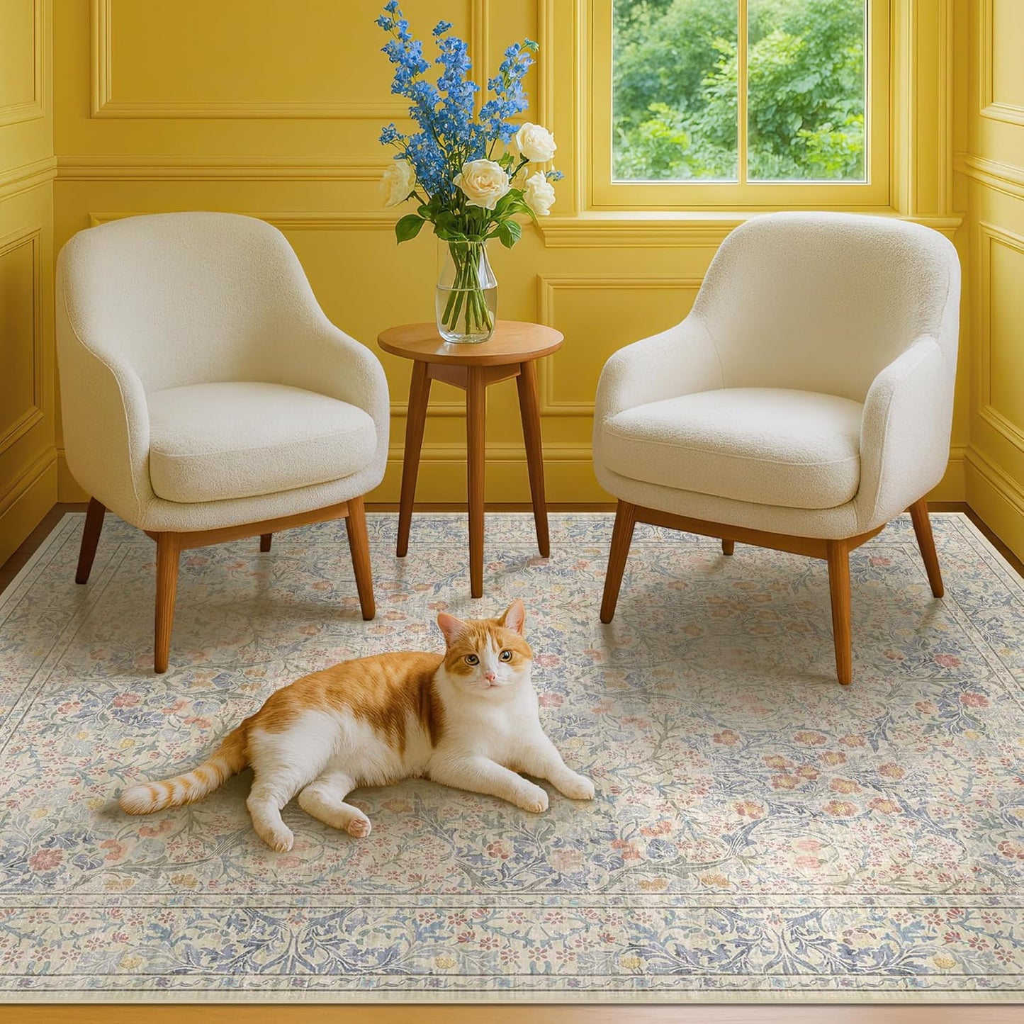 Vintage Dark Green Living Room Rug, 8x10 Washable Area Rugs for Dining Room Under Kitchen Table, Bedroom, Oriental Low Pile Stain Resistant Non-Slip Large Carpet (8x10 Dark Green)