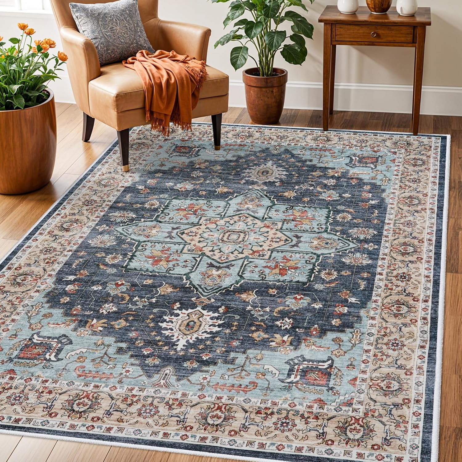 Washable Oriental Area Rug - 9x12 Rugs for Living Room Soft Carpet for Bedroom Waterproof Floral Distressed Indoor Stain Resistant Non-Shedding Floor Carpets (Green, 9x12)