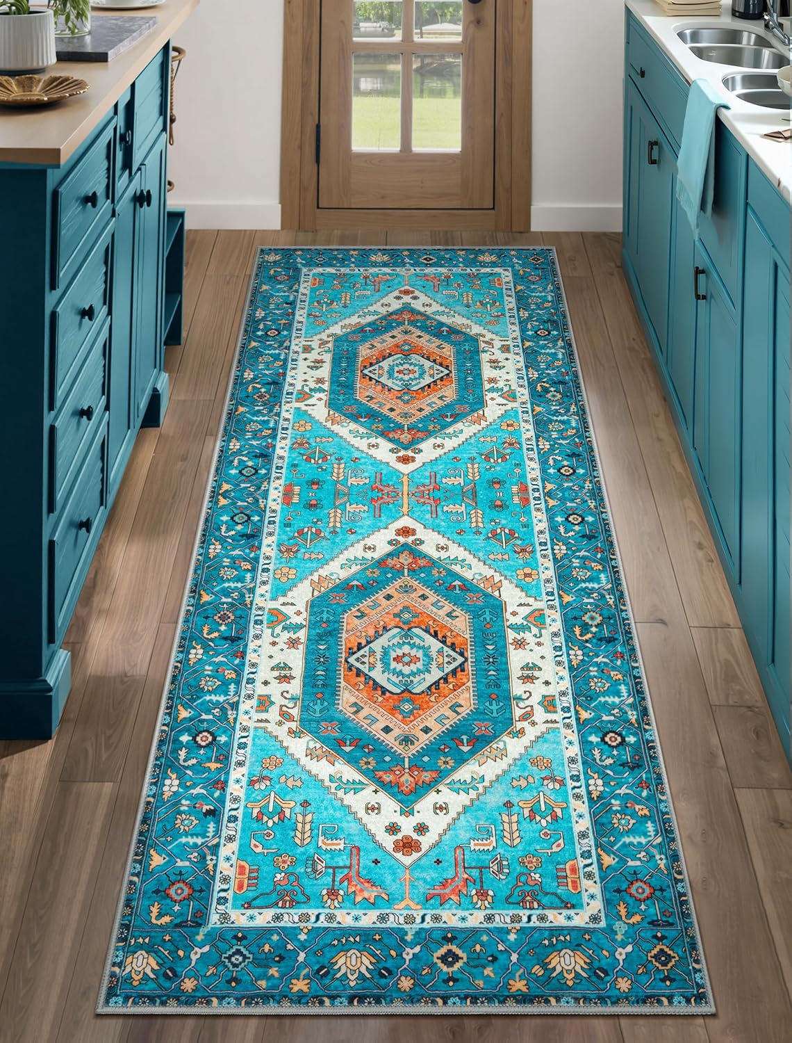 SERISSA Washable Rugs 8x10 Area Rugs, Large Non-Slip Boho Living Room Rust Rug, Ultra Soft Vintage Print Distressed Oriental Tribal Farmhouse Carpet for Dining Room Bedroom Dorm Office Home Decor