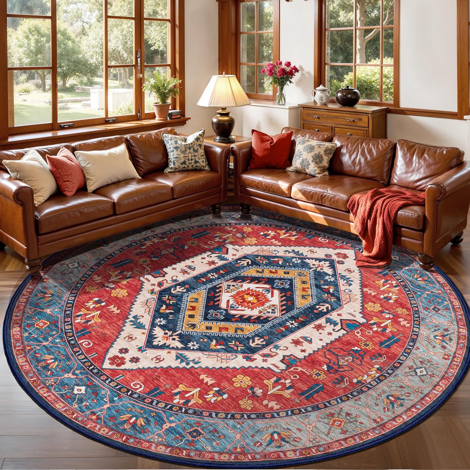 SERISSA Washable Rugs 8x10 Area Rugs, Large Non-Slip Boho Living Room Rust Rug, Ultra Soft Vintage Print Distressed Oriental Tribal Farmhouse Carpet for Dining Room Bedroom Dorm Office Home Decor