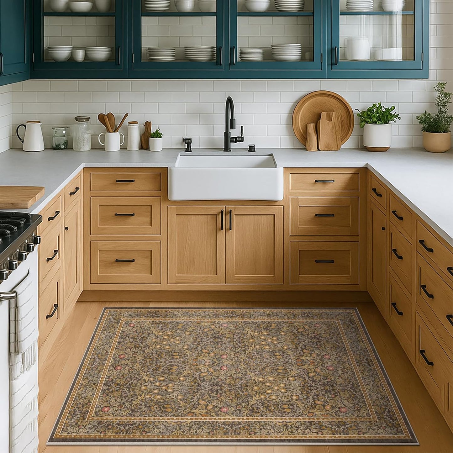 Vintage Dark Green Living Room Rug, 8x10 Washable Area Rugs for Dining Room Under Kitchen Table, Bedroom, Oriental Low Pile Stain Resistant Non-Slip Large Carpet (8x10 Dark Green)