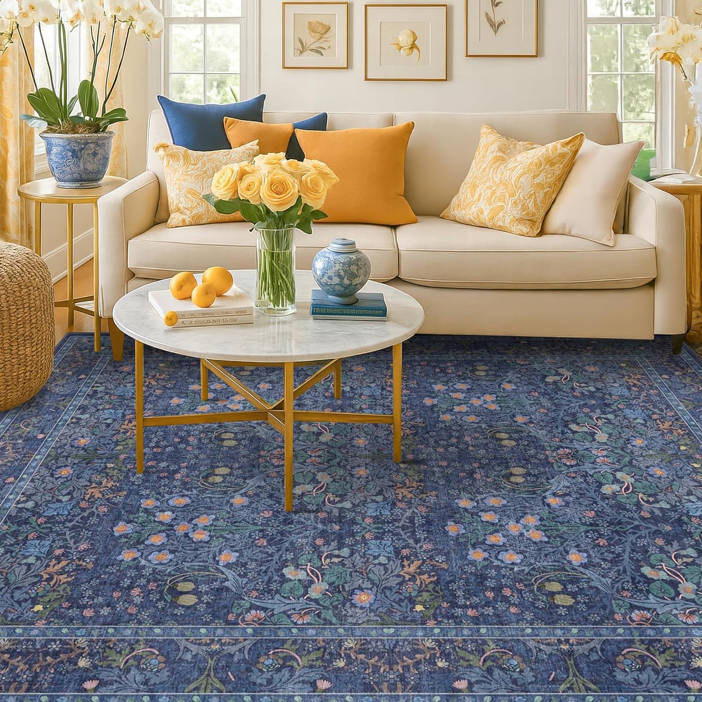 Vintage Dark Green Living Room Rug, 8x10 Washable Area Rugs for Dining Room Under Kitchen Table, Bedroom, Oriental Low Pile Stain Resistant Non-Slip Large Carpet (8x10 Dark Green)