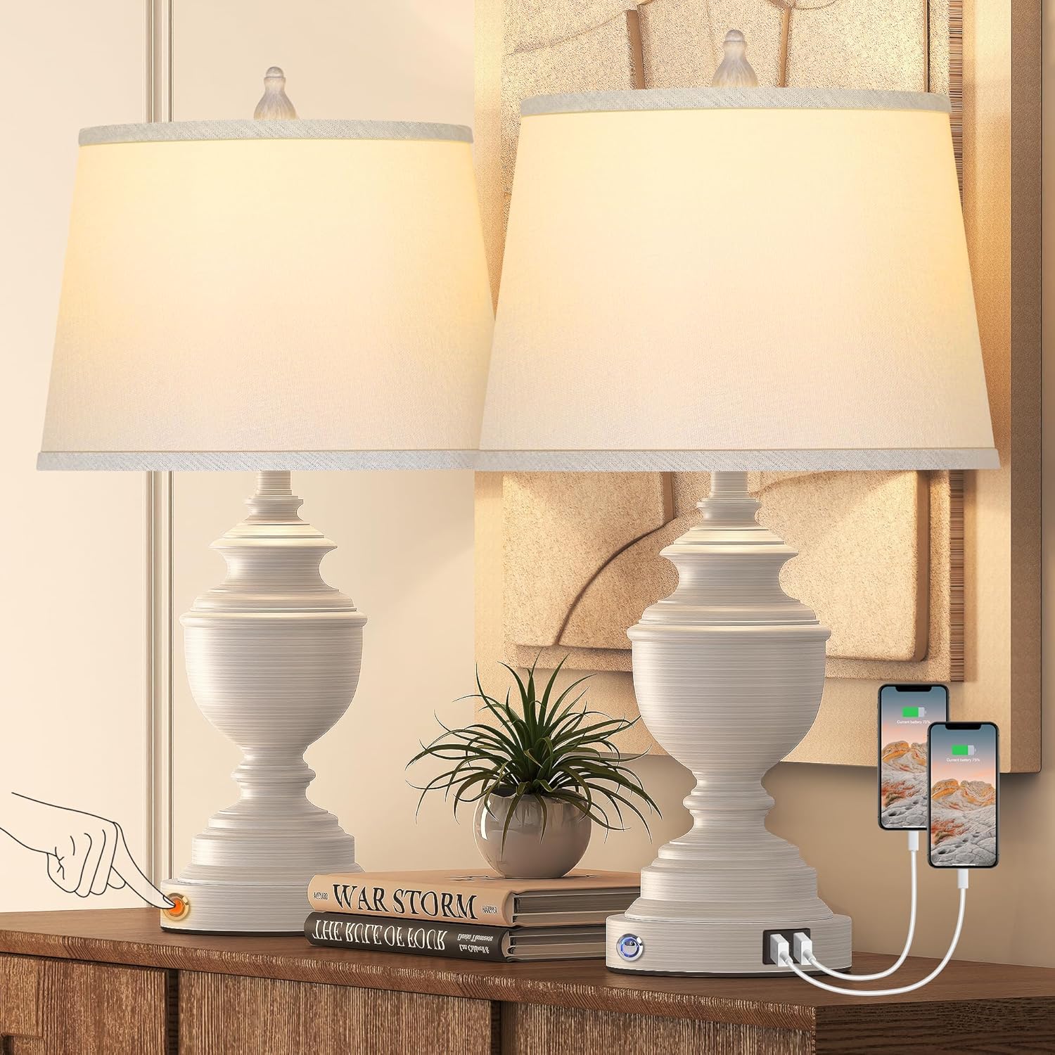Ceramic Table Lamps Set of 2 with Dual USB Charging Ports, 3-way Dimmable Touch Control Bedside Lamps for Bedroom Living Room, Contemporary Nightstand Lamps with White Linen Drum Shade Bulbs Included