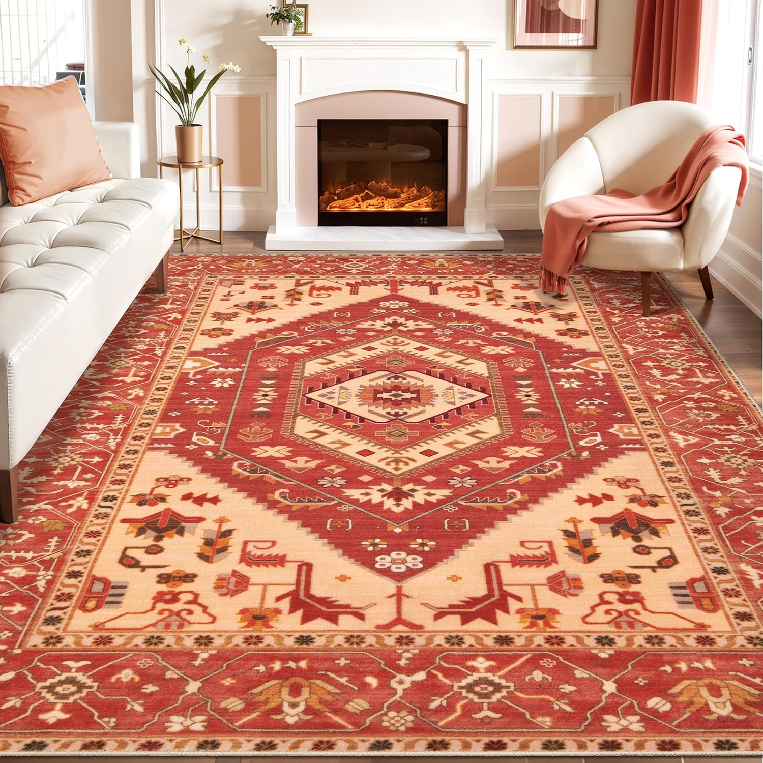 SERISSA Washable Rugs 8x10 Area Rugs, Large Non-Slip Boho Living Room Rust Rug, Ultra Soft Vintage Print Distressed Oriental Tribal Farmhouse Carpet for Dining Room Bedroom Dorm Office Home Decor