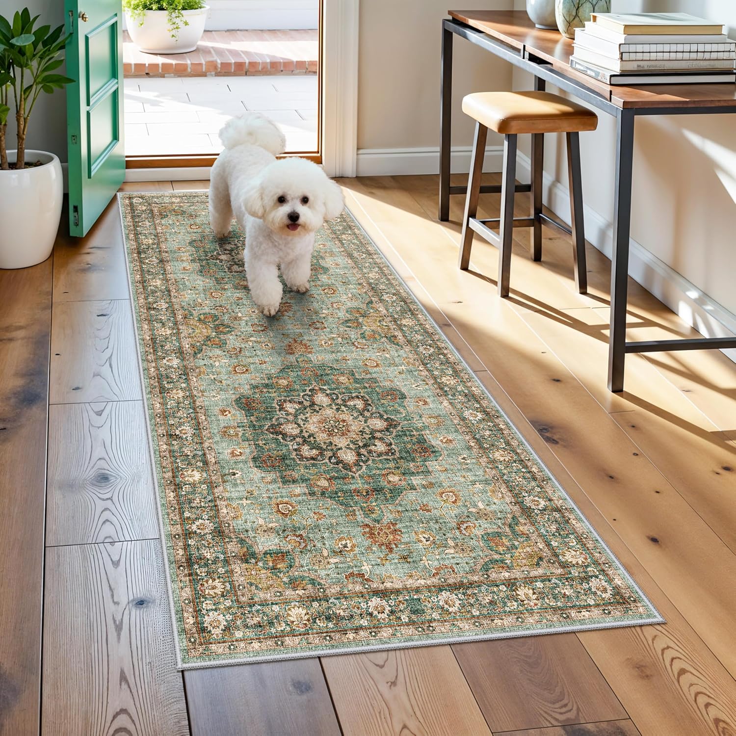 Washable Oriental Area Rug - 9x12 Rugs for Living Room Soft Carpet for Bedroom Waterproof Floral Distressed Indoor Stain Resistant Non-Shedding Floor Carpets (Green, 9x12)