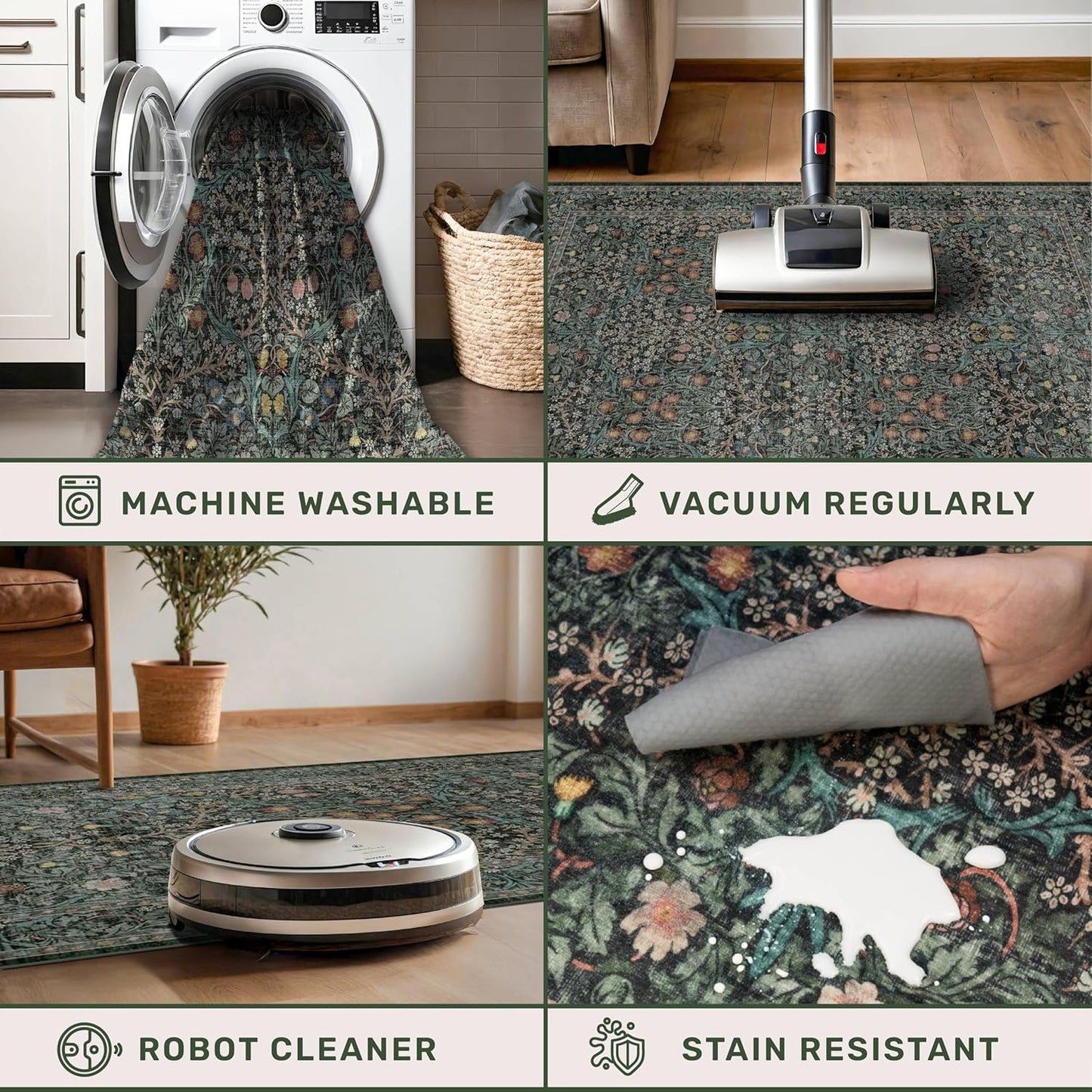 Vintage Dark Green Living Room Rug, 8x10 Washable Area Rugs for Dining Room Under Kitchen Table, Bedroom, Oriental Low Pile Stain Resistant Non-Slip Large Carpet (8x10 Dark Green)