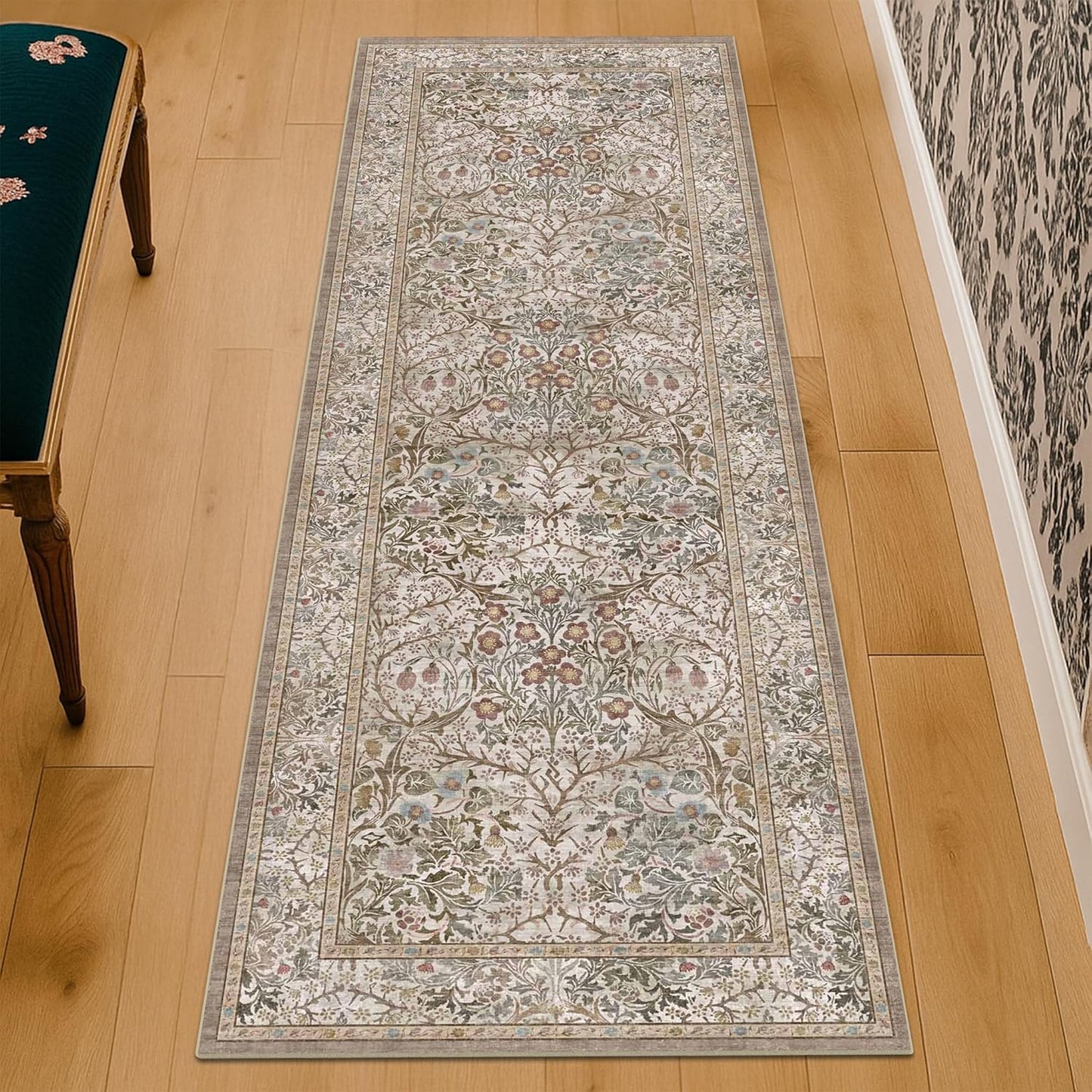 Vintage Dark Green Living Room Rug, 8x10 Washable Area Rugs for Dining Room Under Kitchen Table, Bedroom, Oriental Low Pile Stain Resistant Non-Slip Large Carpet (8x10 Dark Green)