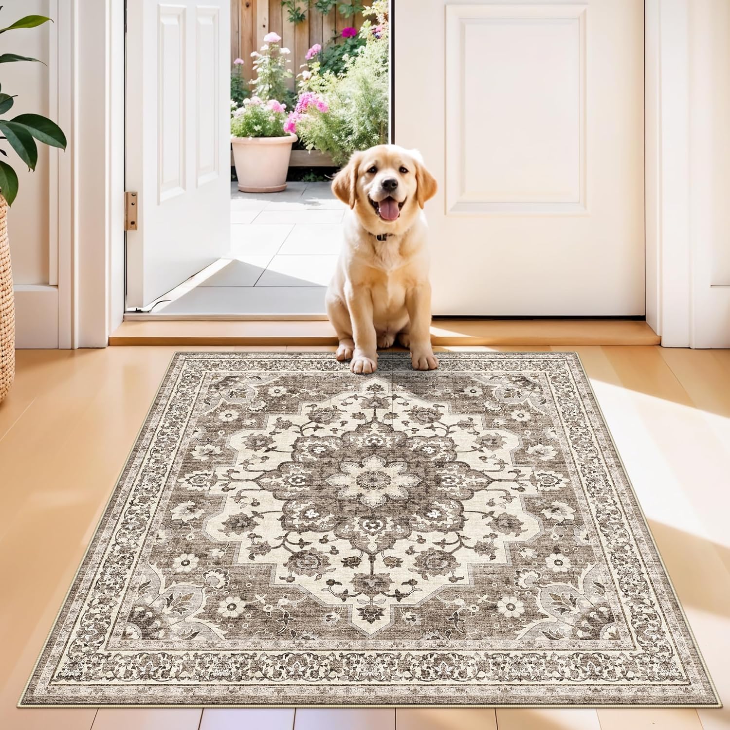 Washable Oriental Area Rug - 9x12 Rugs for Living Room Soft Carpet for Bedroom Waterproof Floral Distressed Indoor Stain Resistant Non-Shedding Floor Carpets (Green, 9x12)
