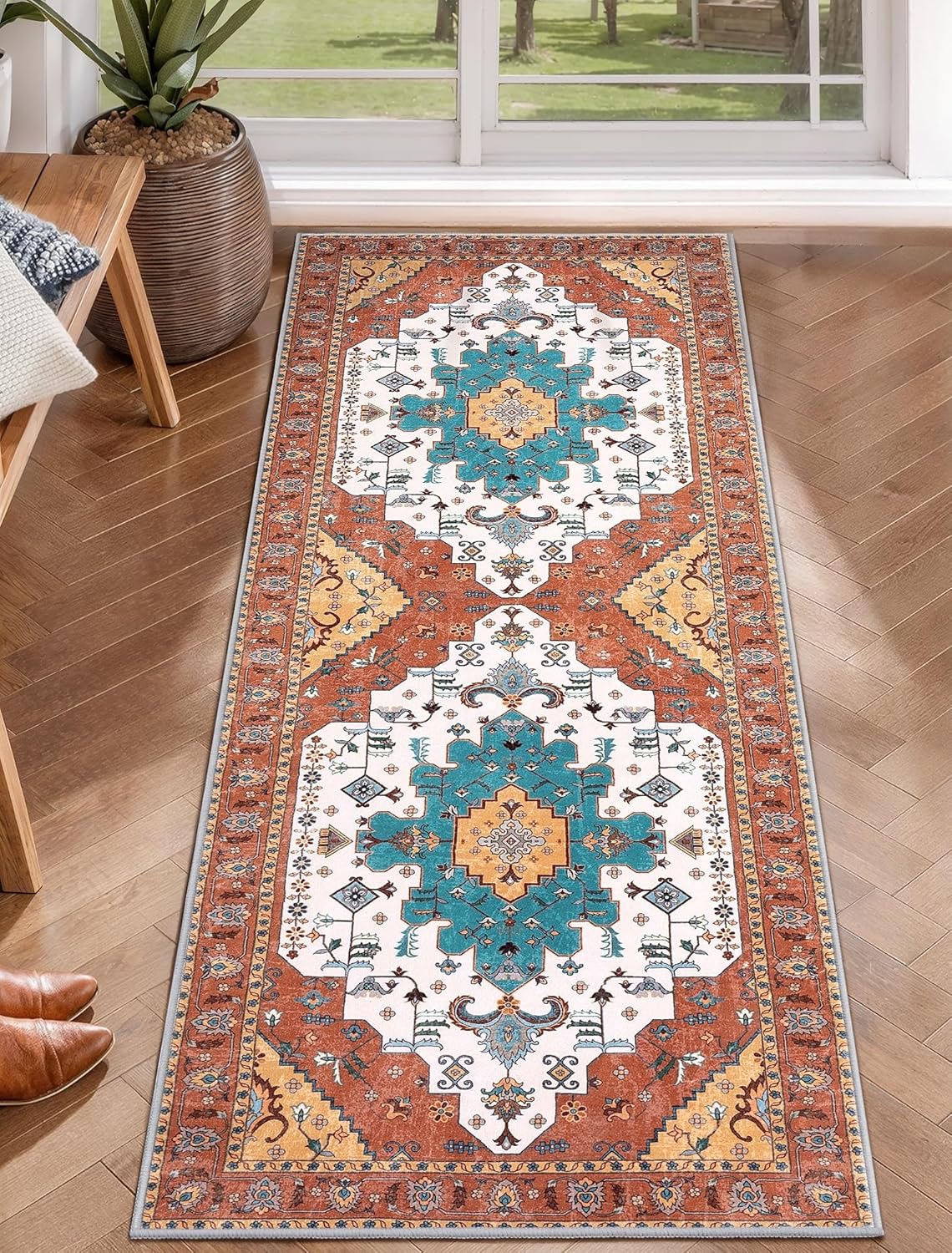 SERISSA Washable Rugs 8x10 Area Rugs, Large Non-Slip Boho Living Room Rust Rug, Ultra Soft Vintage Print Distressed Oriental Tribal Farmhouse Carpet for Dining Room Bedroom Dorm Office Home Decor