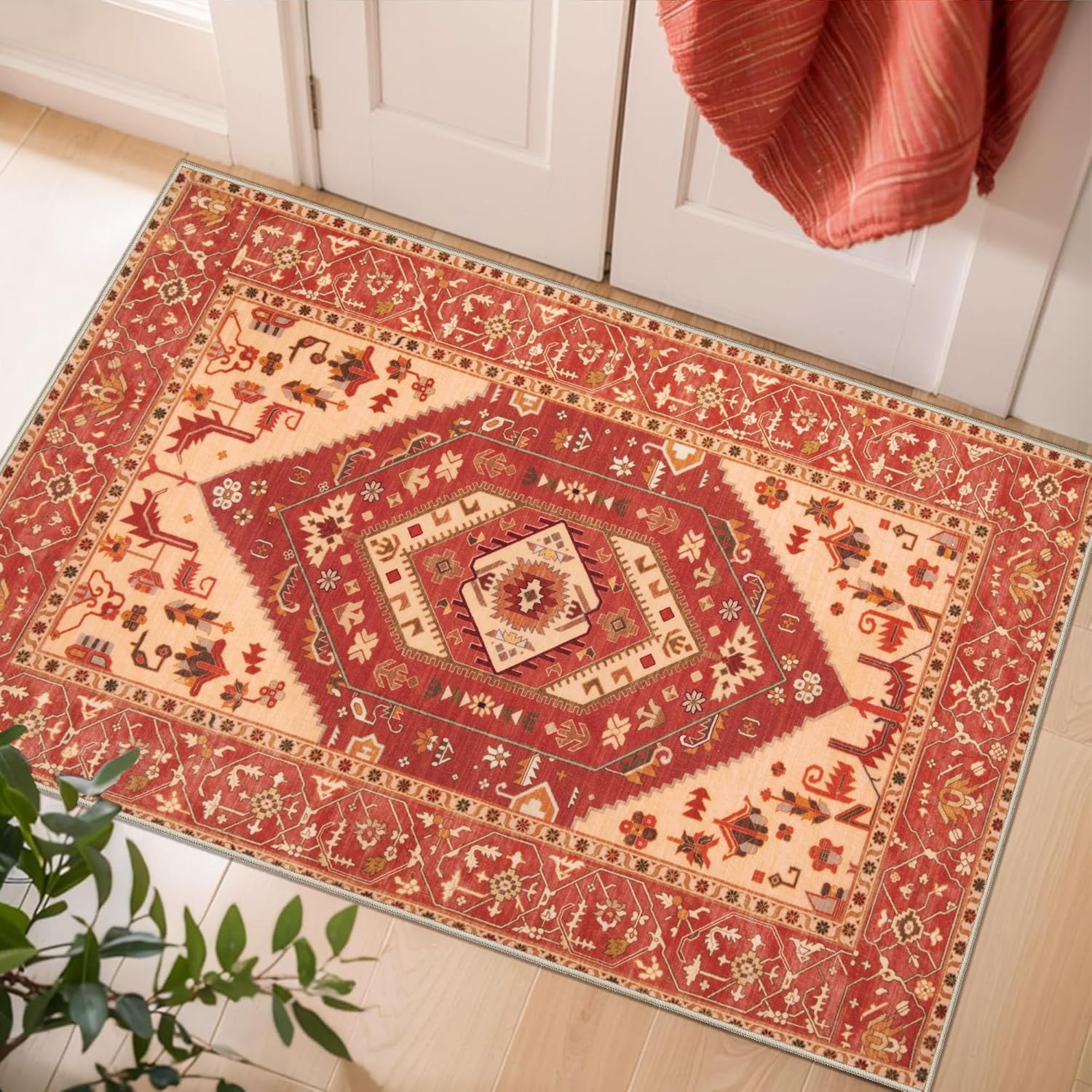 SERISSA Washable Rugs 8x10 Area Rugs, Large Non-Slip Boho Living Room Rust Rug, Ultra Soft Vintage Print Distressed Oriental Tribal Farmhouse Carpet for Dining Room Bedroom Dorm Office Home Decor