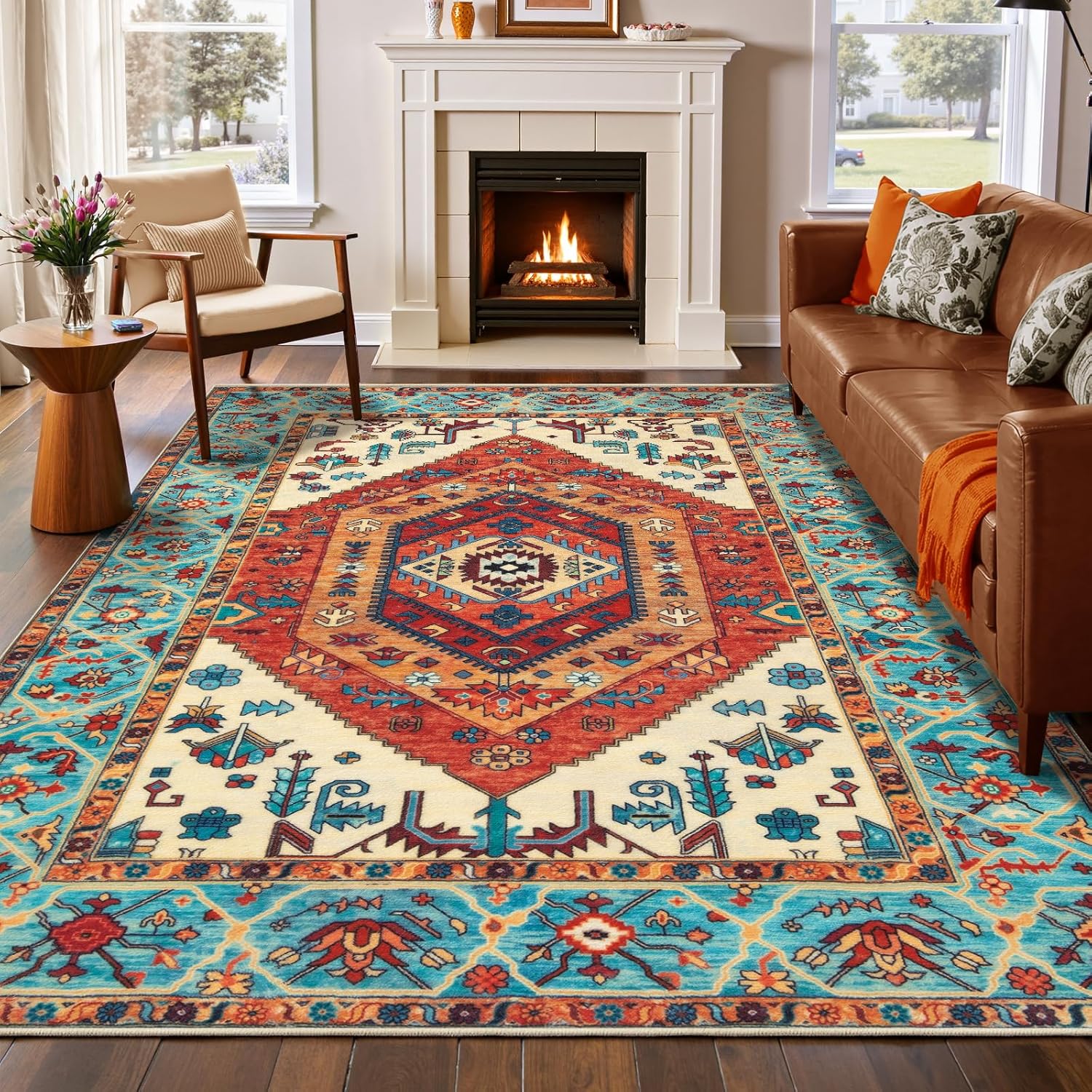 SERISSA Washable Rugs 8x10 Area Rugs, Large Non-Slip Boho Living Room Rust Rug, Ultra Soft Vintage Print Distressed Oriental Tribal Farmhouse Carpet for Dining Room Bedroom Dorm Office Home Decor