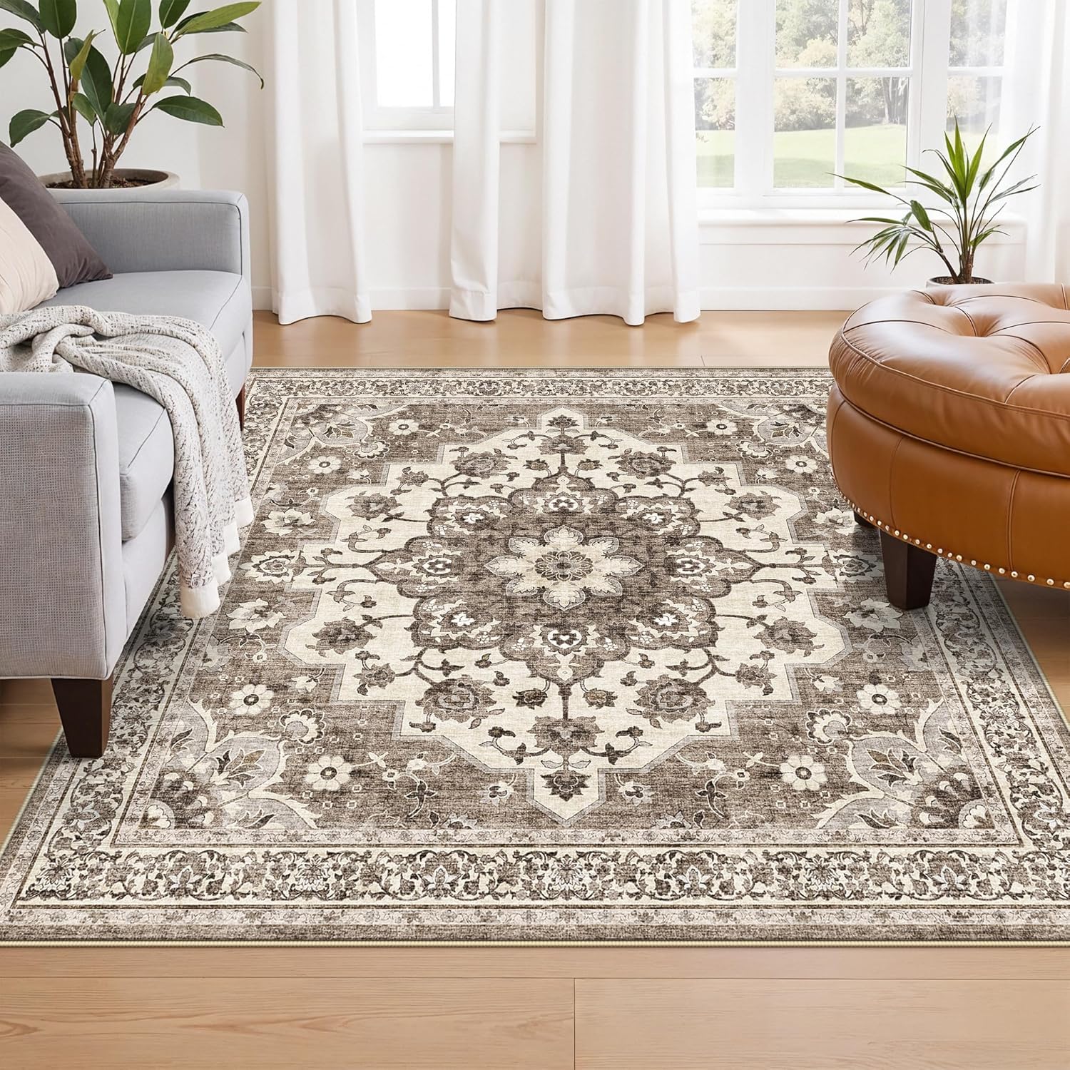 Washable Oriental Area Rug - 9x12 Rugs for Living Room Soft Carpet for Bedroom Waterproof Floral Distressed Indoor Stain Resistant Non-Shedding Floor Carpets (Green, 9x12)