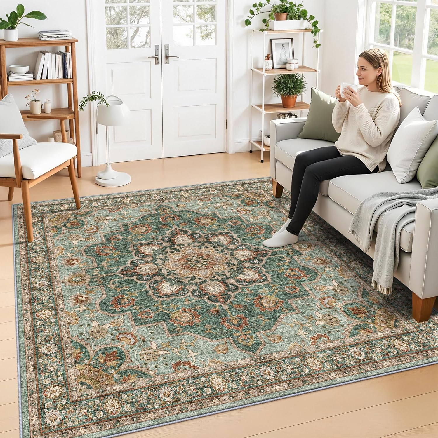 Washable Oriental Area Rug - 9x12 Rugs for Living Room Soft Carpet for Bedroom Waterproof Floral Distressed Indoor Stain Resistant Non-Shedding Floor Carpets (Green, 9x12)