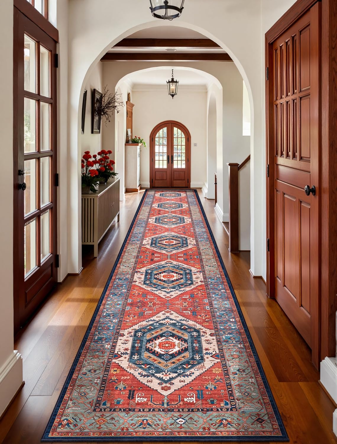 SERISSA Washable Rugs 8x10 Area Rugs, Large Non-Slip Boho Living Room Rust Rug, Ultra Soft Vintage Print Distressed Oriental Tribal Farmhouse Carpet for Dining Room Bedroom Dorm Office Home Decor