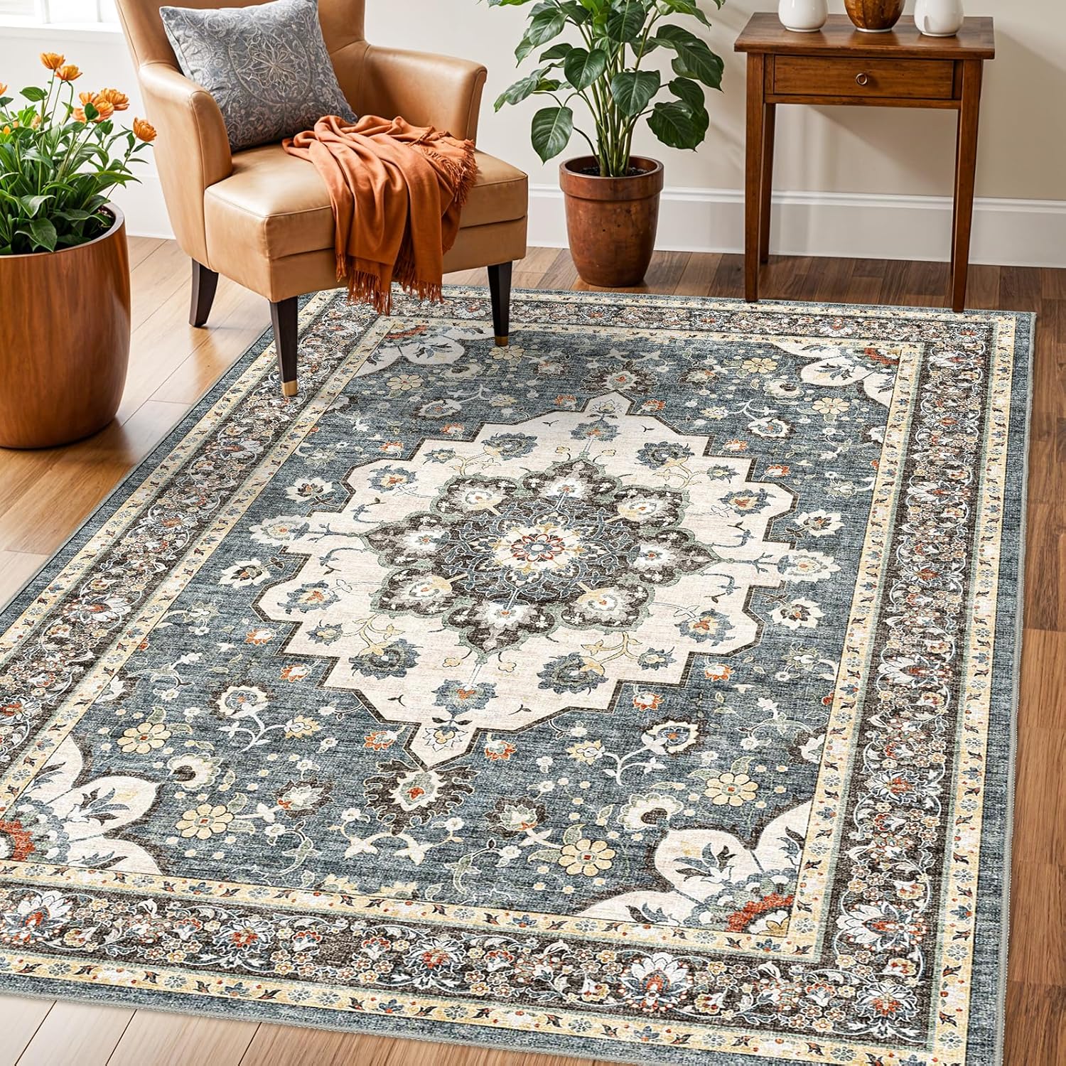 Washable Oriental Area Rug - 9x12 Rugs for Living Room Soft Carpet for Bedroom Waterproof Floral Distressed Indoor Stain Resistant Non-Shedding Floor Carpets (Green, 9x12)