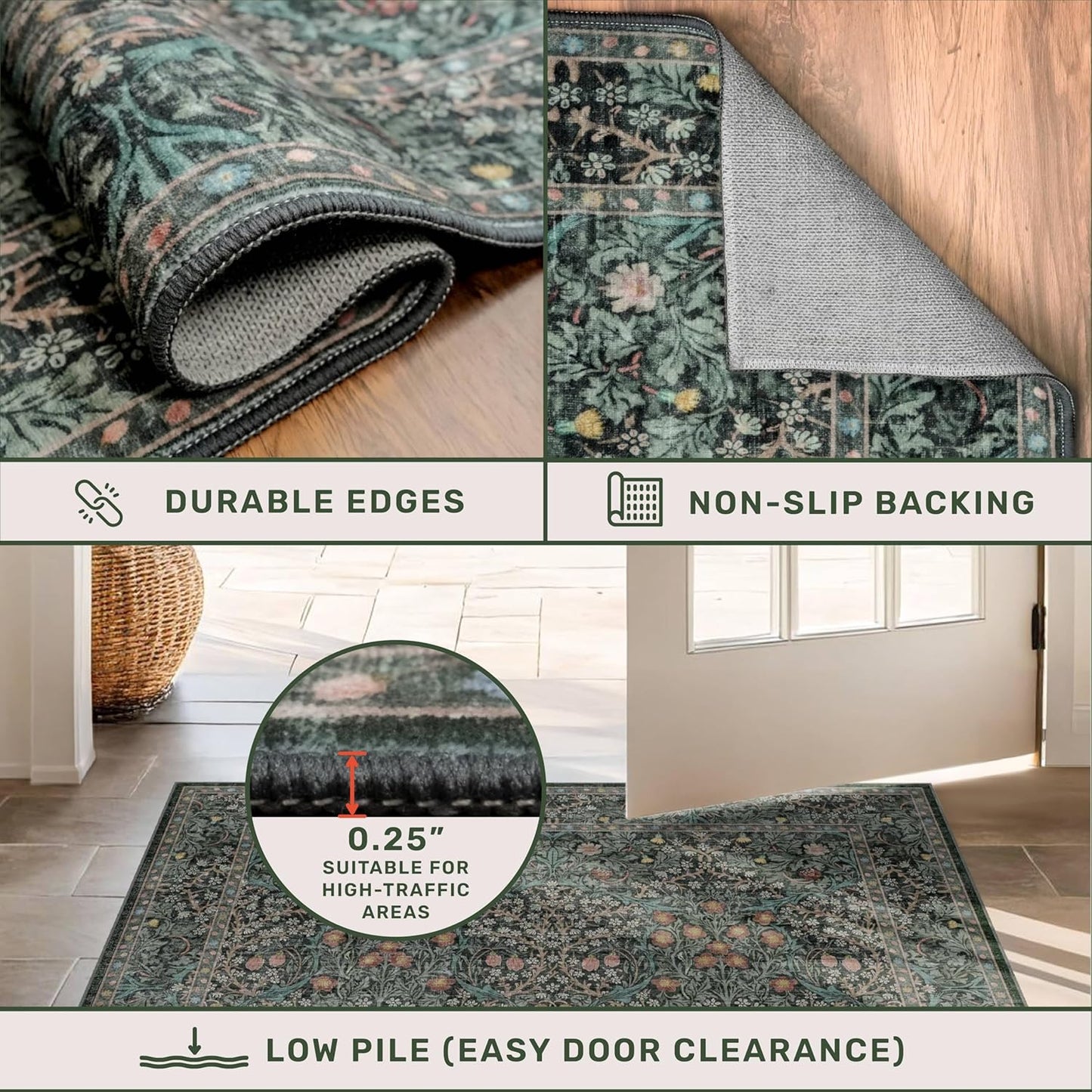 Vintage Dark Green Living Room Rug, 8x10 Washable Area Rugs for Dining Room Under Kitchen Table, Bedroom, Oriental Low Pile Stain Resistant Non-Slip Large Carpet (8x10 Dark Green)