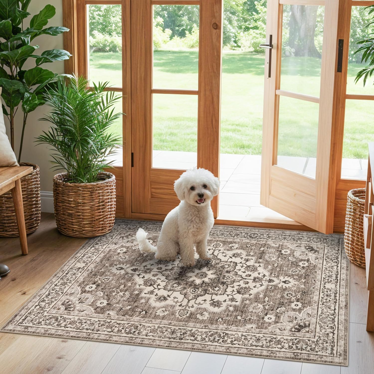 Washable Oriental Area Rug - 9x12 Rugs for Living Room Soft Carpet for Bedroom Waterproof Floral Distressed Indoor Stain Resistant Non-Shedding Floor Carpets (Green, 9x12)