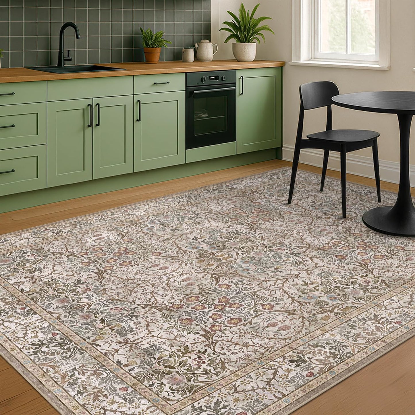 Vintage Dark Green Living Room Rug, 8x10 Washable Area Rugs for Dining Room Under Kitchen Table, Bedroom, Oriental Low Pile Stain Resistant Non-Slip Large Carpet (8x10 Dark Green)