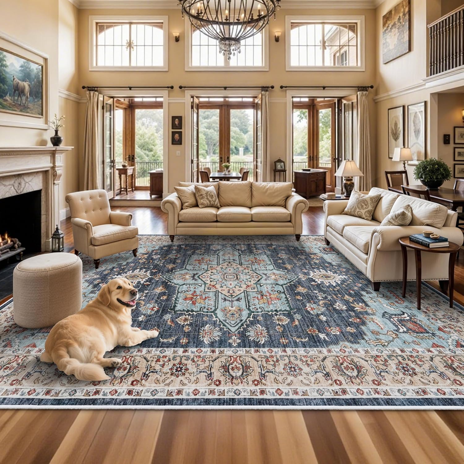 Washable Oriental Area Rug - 9x12 Rugs for Living Room Soft Carpet for Bedroom Waterproof Floral Distressed Indoor Stain Resistant Non-Shedding Floor Carpets (Green, 9x12)