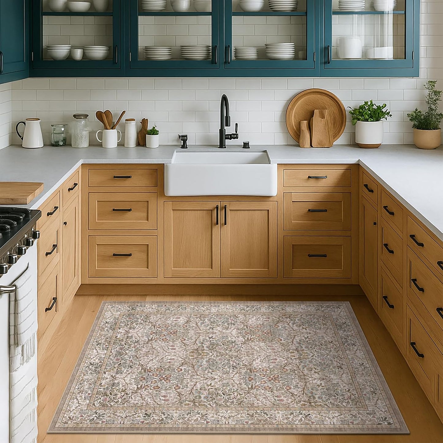 Vintage Dark Green Living Room Rug, 8x10 Washable Area Rugs for Dining Room Under Kitchen Table, Bedroom, Oriental Low Pile Stain Resistant Non-Slip Large Carpet (8x10 Dark Green)