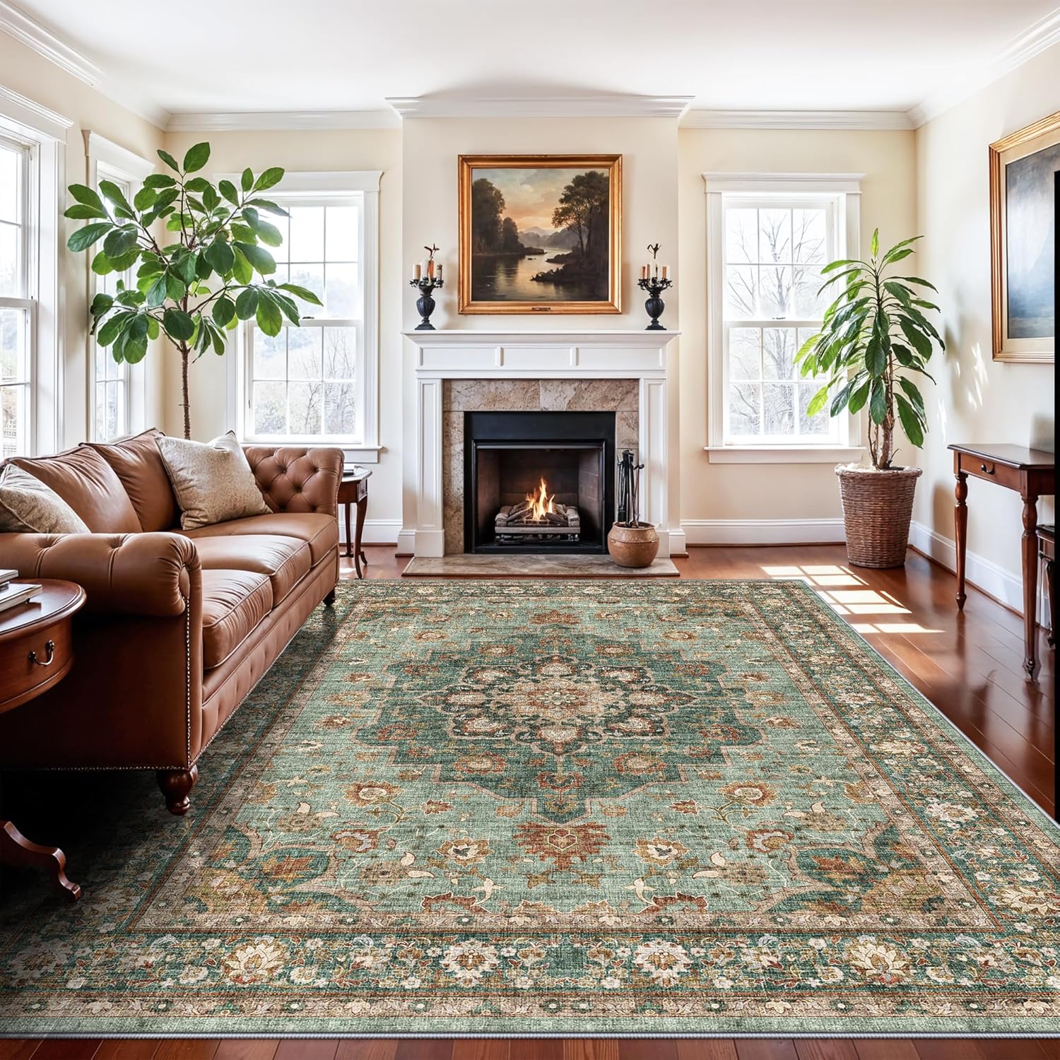 Washable Oriental Area Rug - 9x12 Rugs for Living Room Soft Carpet for Bedroom Waterproof Floral Distressed Indoor Stain Resistant Non-Shedding Floor Carpets (Green, 9x12)