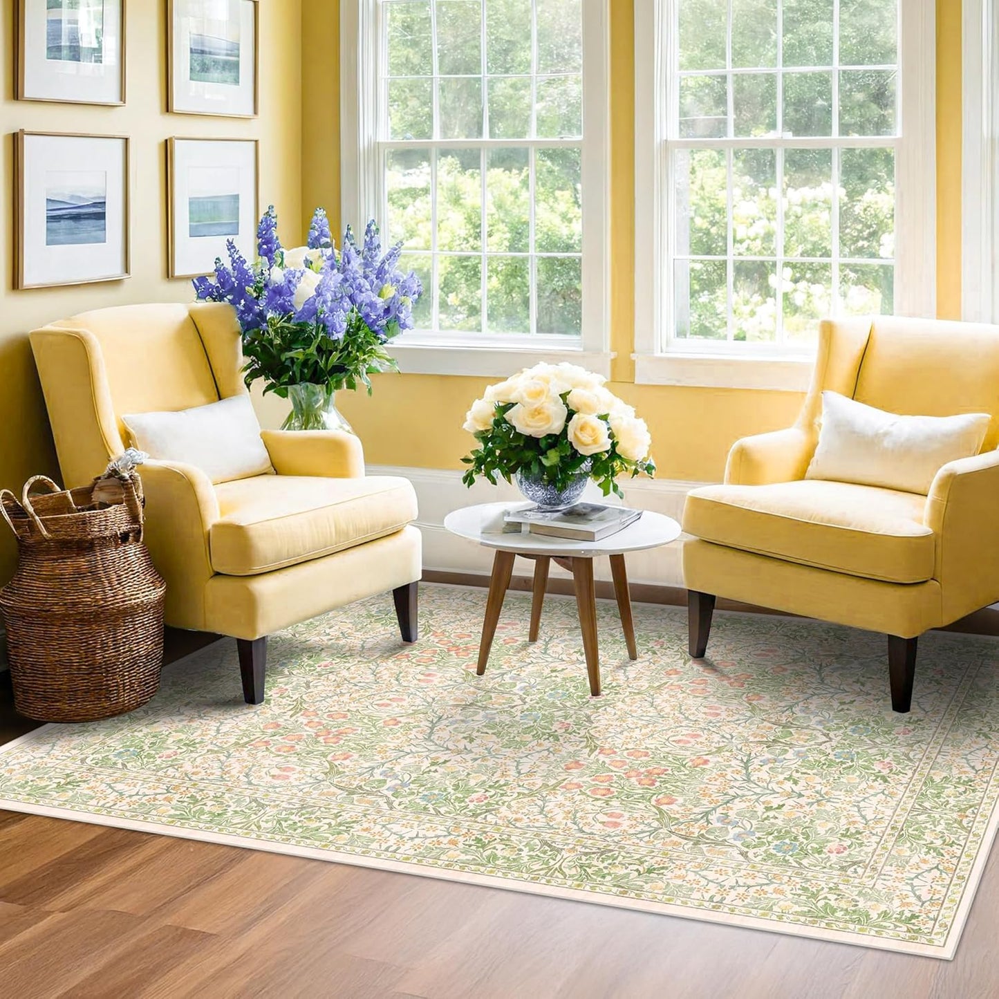 Vintage Dark Green Living Room Rug, 8x10 Washable Area Rugs for Dining Room Under Kitchen Table, Bedroom, Oriental Low Pile Stain Resistant Non-Slip Large Carpet (8x10 Dark Green)