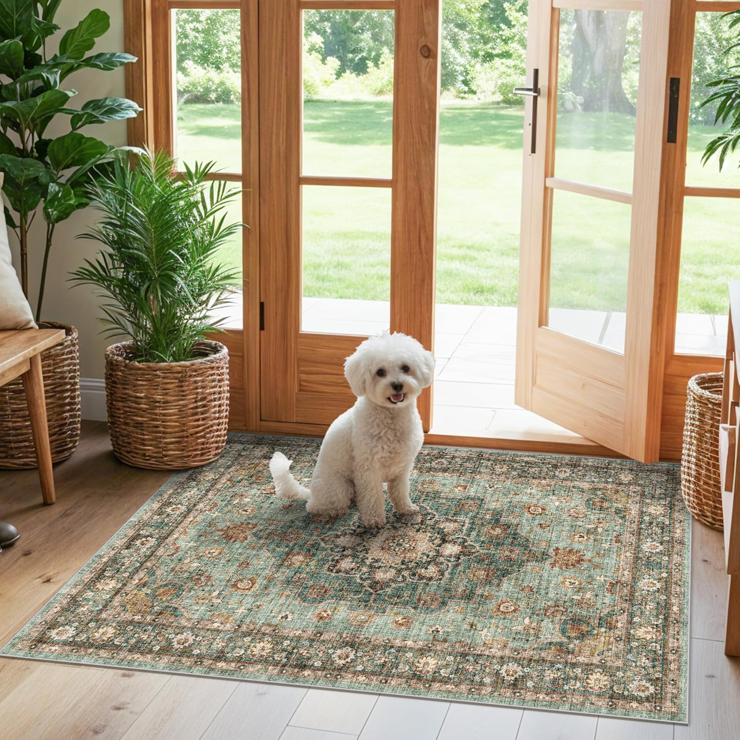 Washable Oriental Area Rug - 9x12 Rugs for Living Room Soft Carpet for Bedroom Waterproof Floral Distressed Indoor Stain Resistant Non-Shedding Floor Carpets (Green, 9x12)