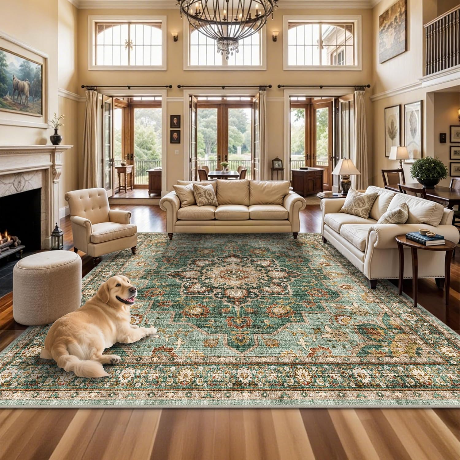 Washable Oriental Area Rug - 9x12 Rugs for Living Room Soft Carpet for Bedroom Waterproof Floral Distressed Indoor Stain Resistant Non-Shedding Floor Carpets (Green, 9x12)