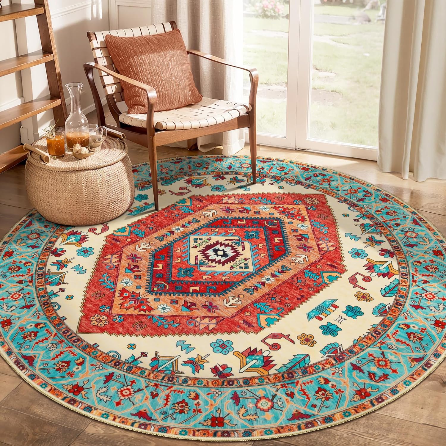 SERISSA Washable Rugs 8x10 Area Rugs, Large Non-Slip Boho Living Room Rust Rug, Ultra Soft Vintage Print Distressed Oriental Tribal Farmhouse Carpet for Dining Room Bedroom Dorm Office Home Decor