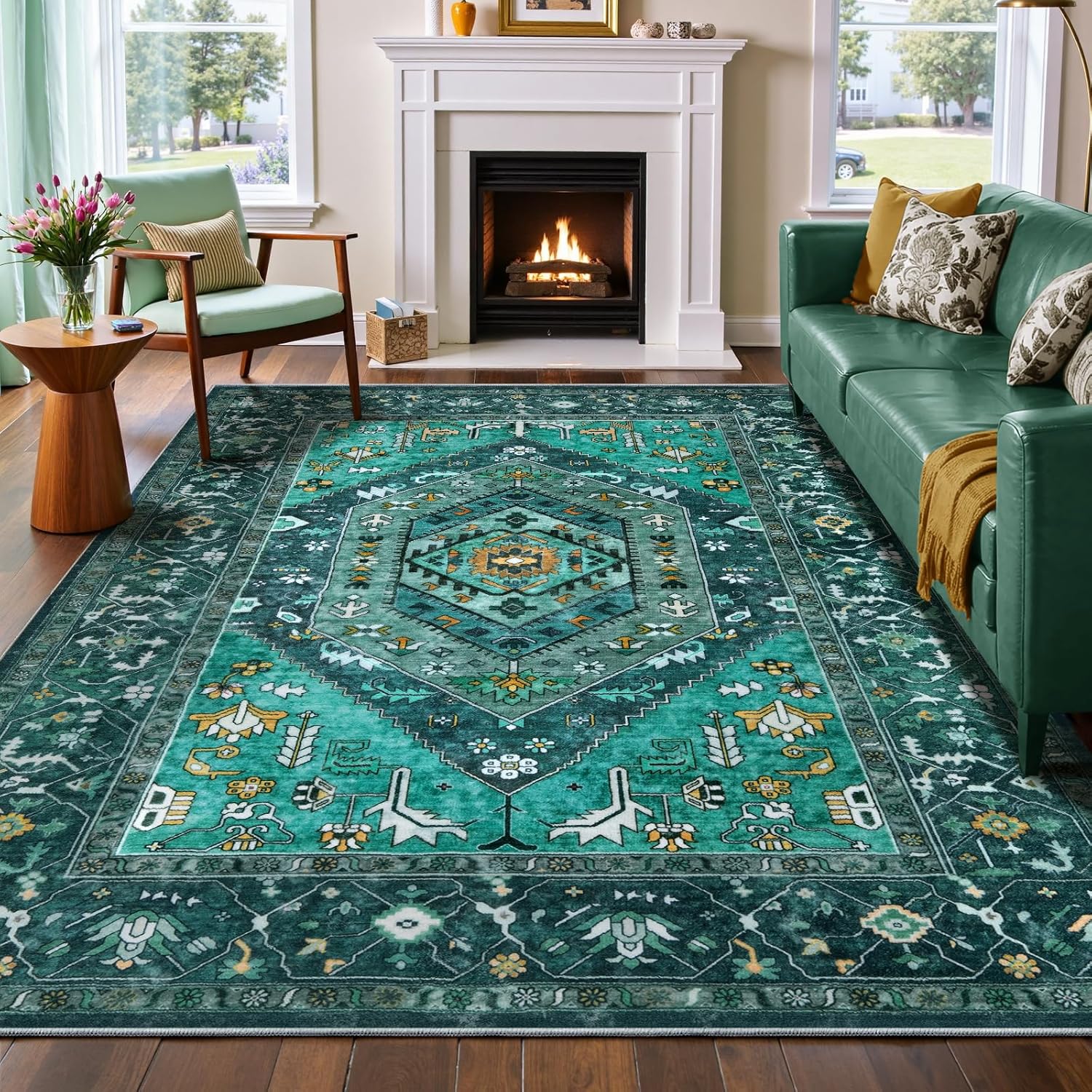 SERISSA Washable Rugs 8x10 Area Rugs, Large Non-Slip Boho Living Room Rust Rug, Ultra Soft Vintage Print Distressed Oriental Tribal Farmhouse Carpet for Dining Room Bedroom Dorm Office Home Decor